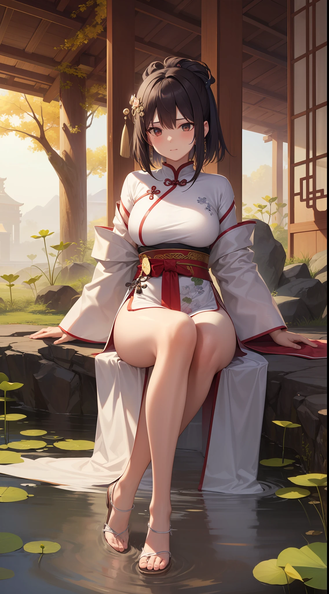 1. Ancient Chinese beauty sitting on a stone,wearing ancient Chinese costume,Flowing tulle,Light silk,Soft, short hair,Lazy posture,large lotus leaf,lotuses,Japanese manga style,clean color,Decisive cut,Leave white space,impressionistic,tmasterpiece,ultra-detailliert,Epic composition, high qulity, HighestQuali, 4K --v 6