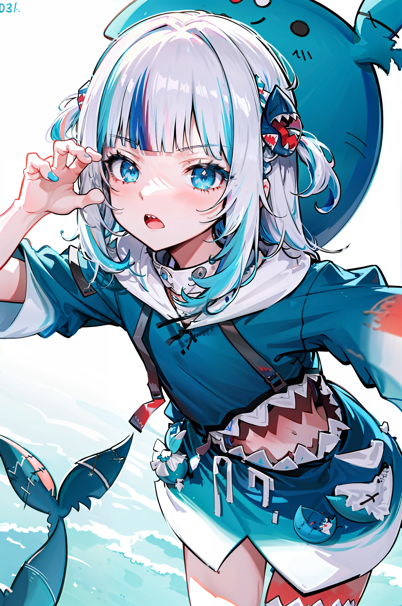 Best quality at best，The is very detailed，tmasterpiece，ultra - detailed，独奏，（1girl），Elaborate Eyes，Colorful hair，coda，virtual_youtuber，gawr_gura，face expressionless，Blue hair，Fishtail，Striped hair，Shark tail，hoody，teeth，Shark hair ornaments，eBlue eyes，hijabi sluty，Hair accessories, blunt_bangs, open_mouth, blue_hoodie, solo, two-tone_hair, two_side_up, letterboxed, bangs, long_hair,，Interesting marine world