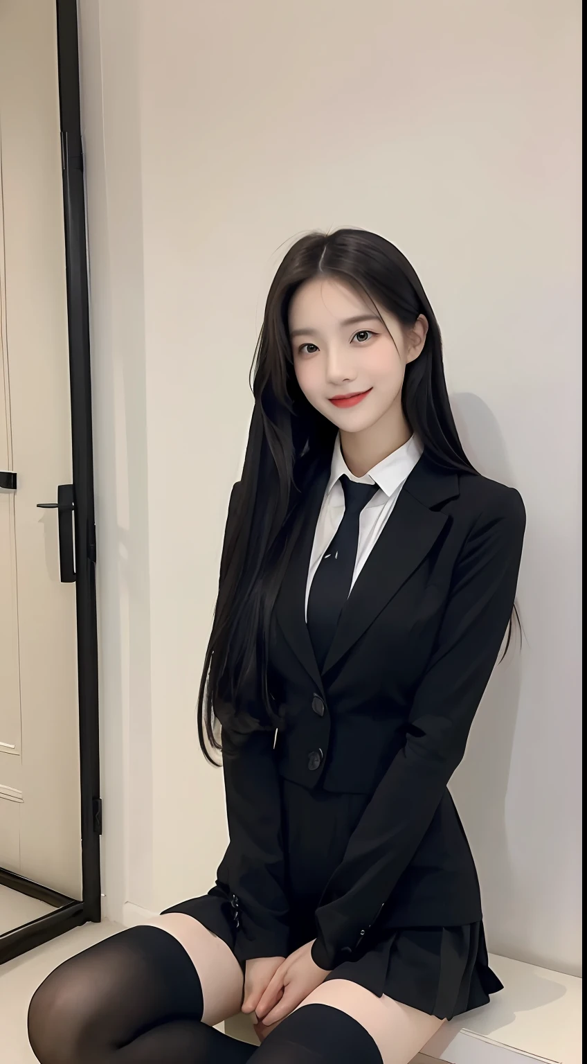 (1 Korean star with royal sister style), ((Best quality, 8K, 巨作: 1.3)), focal point: 1.2, Perfect body proportions: 1.4, (Make a smile), (Ray traching),Watery eyes, Highly Detailed Face and Skin Textur, Fine eyes, Double eyelids, Whitens the skin, (Black long straight: 1.3), (face round: 1.5), (JK school uniform: 1.4), (Lace view: 1.6),(Black over-the-knee stockings: 1.4),(JK style:1.4),(Extremely perfect legs)