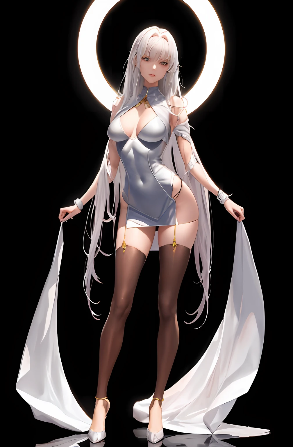 Master anime works，An impeccable masterpiece，8K picture quality: A full-fledged noblewoman was tied to a column，The legs are separated，solid color backdrop，Wear cool and sexy clothes，Female boss，Flowing silver hair，Full-body standing，Slender legs，Straight breasts，Detailed facial details，Naturally beautiful standing，Vivid and authentic body details