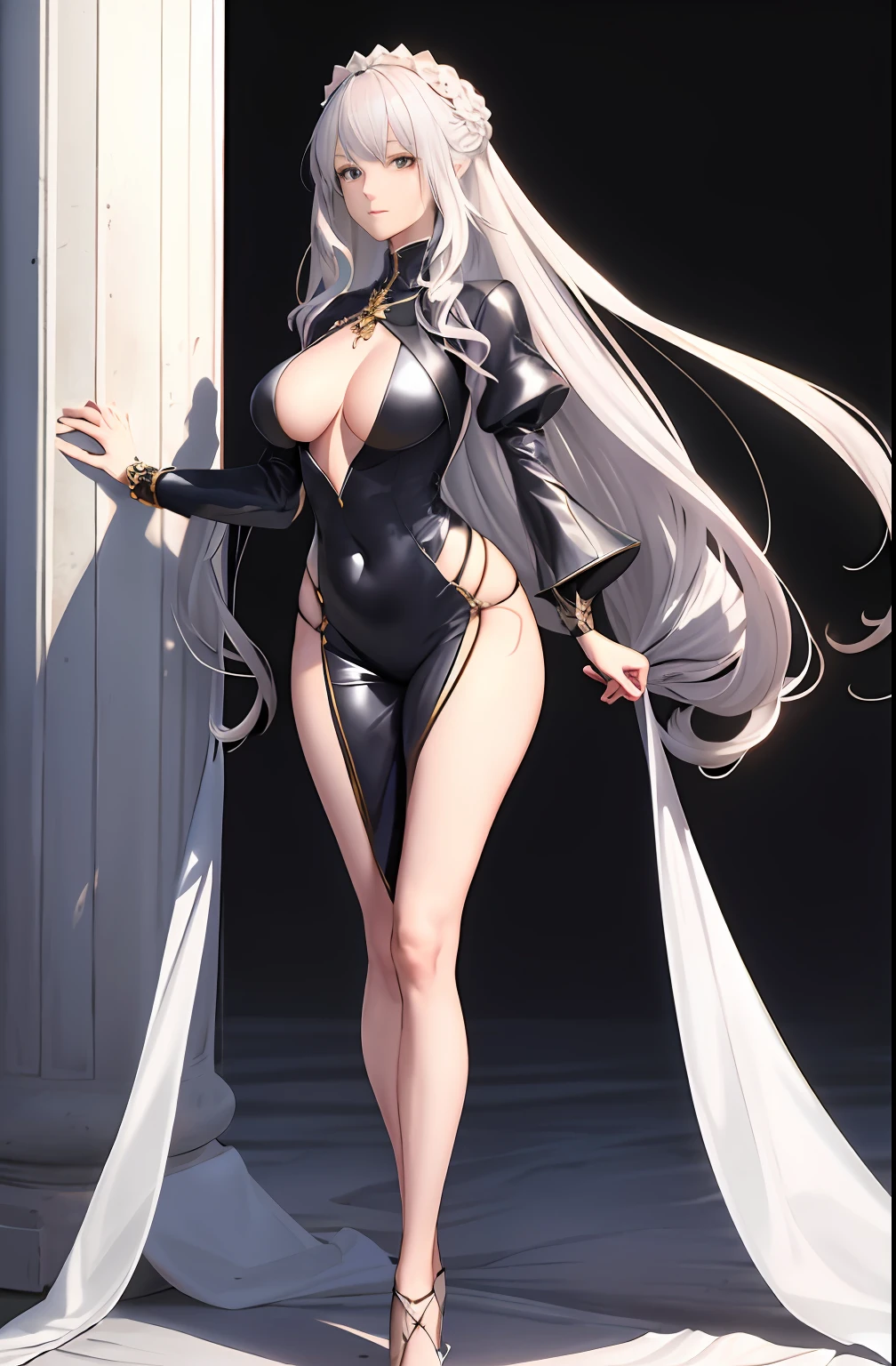 Master anime works,An impeccable masterpiece,8K picture quality: A full-fledged noblewoman was tied to a column,The legs are separated,solid color backdrop,Wear cool and sexy clothes,Female boss,Flowing silver hair,Full-body standing,Slender legs,Straight breasts,Detailed facial details,Naturally beautiful standing,Vivid and authentic body details