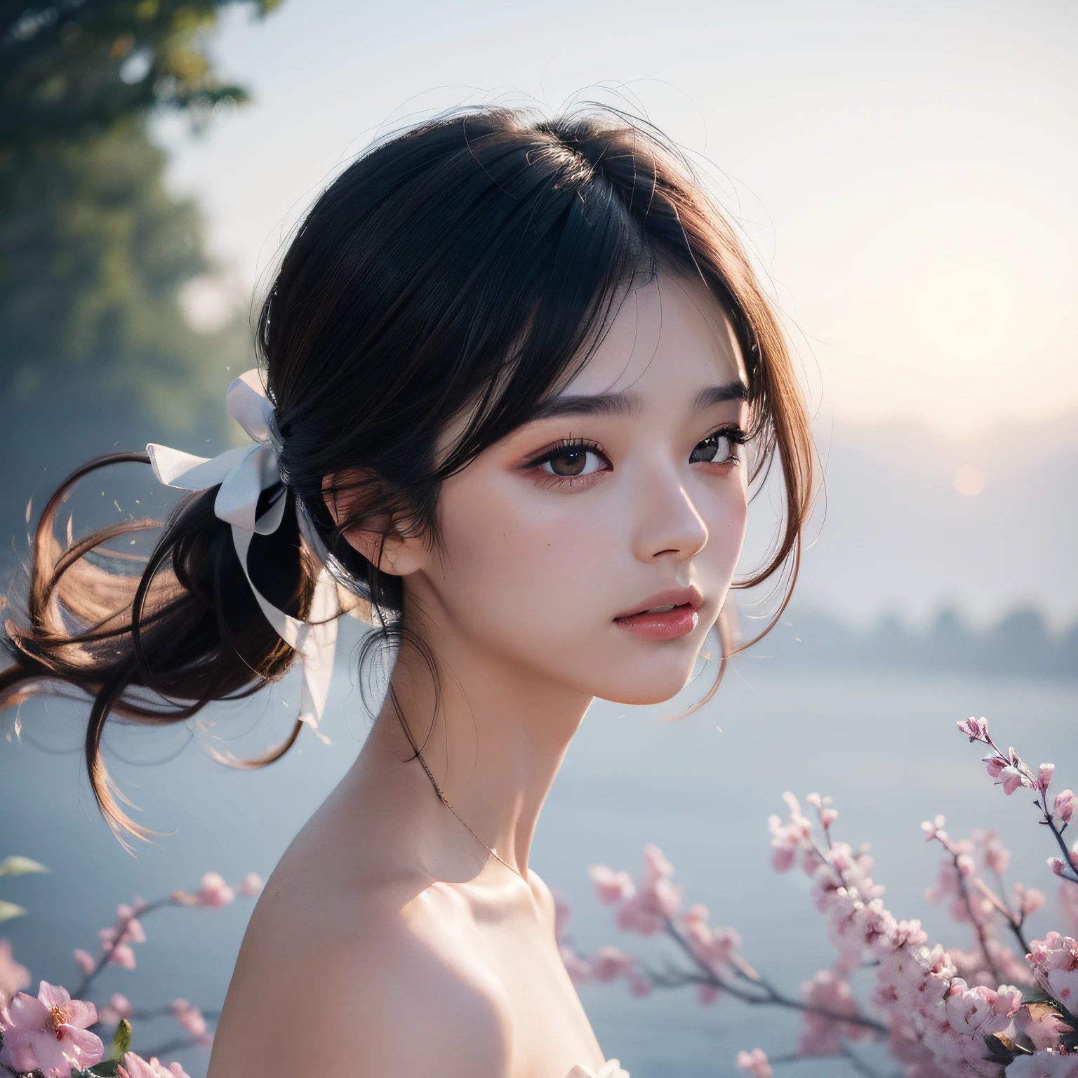 (dark brown eyes),(8K、top-quality、​masterpiece:1.2)、(top-quality:1.0)、(超A high resolution:1.0)、aquarelle、Beautuful Women、shoulder、Hair Ribbon、By Agnes Cecil、Half Body Portrait、Very bright design、PastelColors、(inky:1.3)、autumn lights