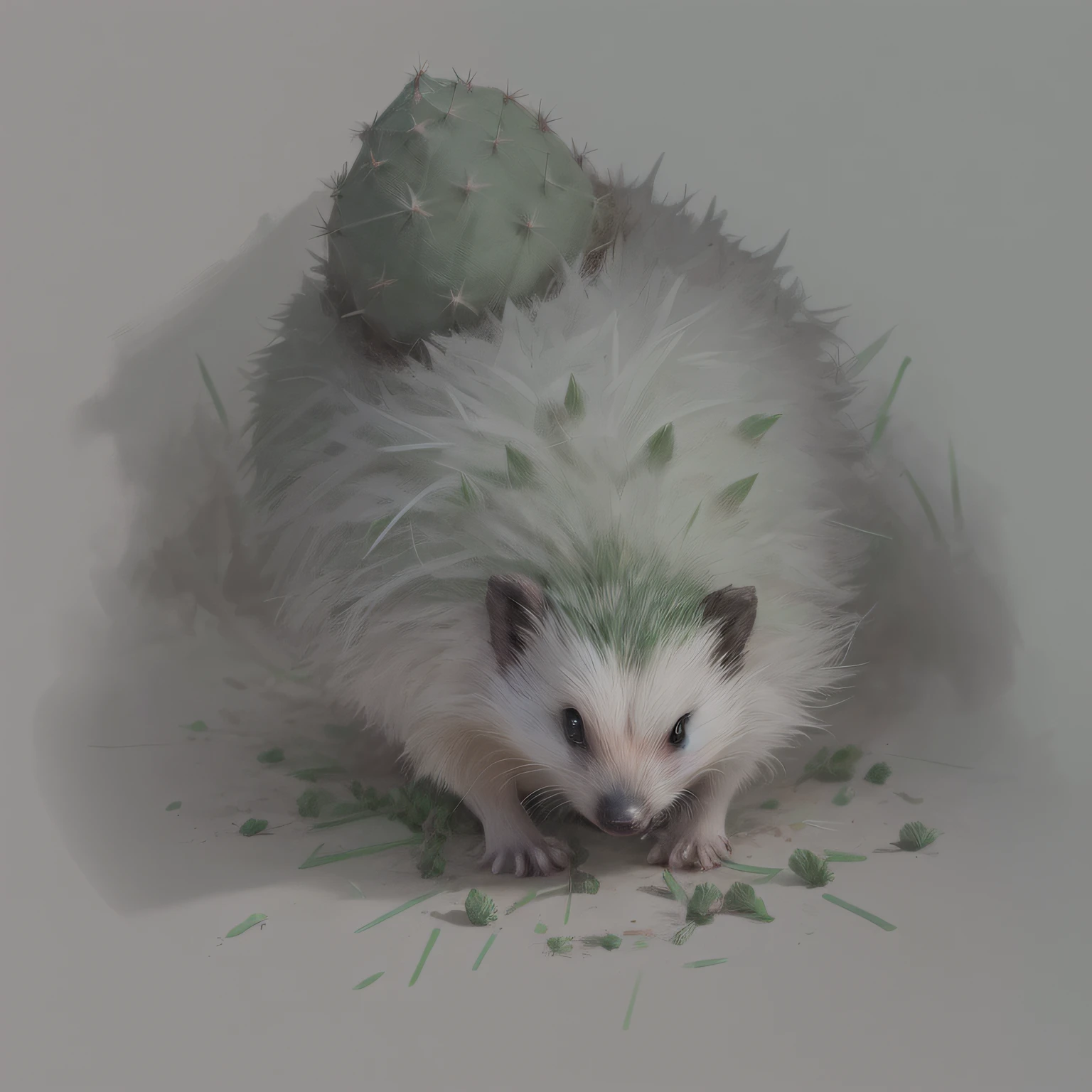 There is a white hedgehog with a green cactus on the ground, painting digital adorable, barriga verde fofa, inspirado no WLOP, em estilo de wlop, realistic illustration, conceptual mystery pokemon, pele hiper realista, O estilo do WLOP, hyper real render, hyperrealistic illustration, estilo de pintura wlop, pintura digital altamente detalhada, arte conceitual altamente realista