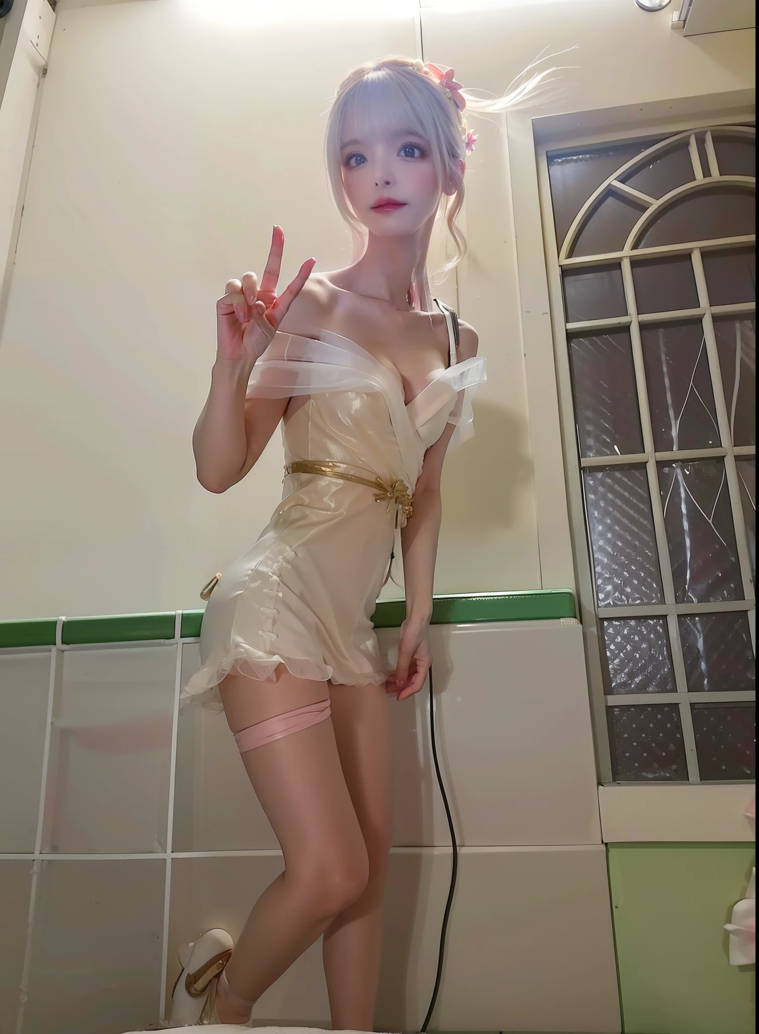 (8k, 4k, best quality, highres:1.2), (maasterpiece, realistic, photo realistic:1.37), 1girl, solo, beautiful face, eyelashes, nose, glossy lips, (detailed eyes, looking at viewer, fair skin, white skin:1.5), fine complexion, upper body,
large breasts, busty, , (:1.5),
outdoor onsen,
two side up, absurdly long hair, blonde hair, pink hair, bangs, hair ornament, bow,
younger, aged down,