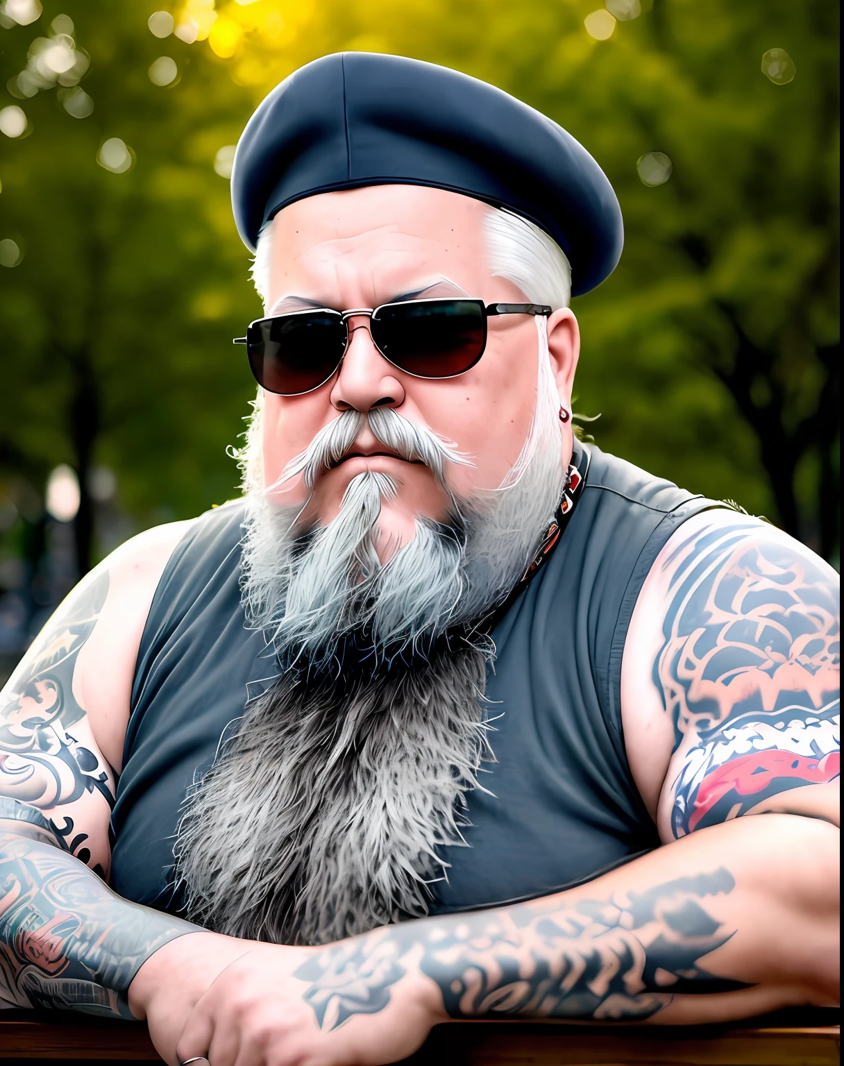 Gray-haired Panzon veteran man Fat Beard with realistic epic tattoos sitting on a sunglasses bench in a park with other men surrounding him as he poses for photos
((((HDR))))