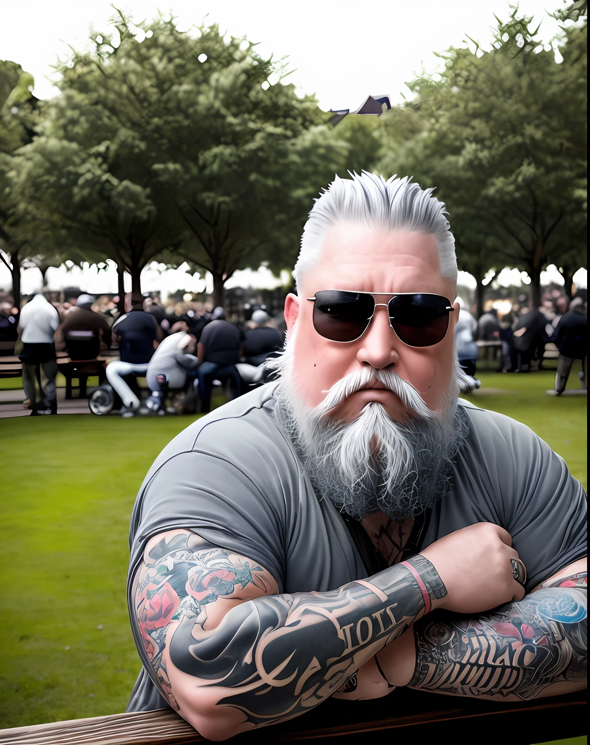 Gray-haired Panzon veteran man Fat Beard with realistic epic tattoos sitting on a sunglasses bench in a park with other men surrounding him as he poses for photos
((((HDR))))