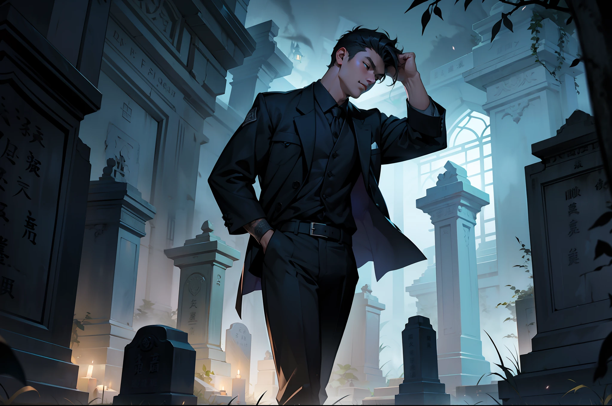 deep in the night,In the dead of night,18-year-old boy,Tomb robbery in the cemetery,Dim light。Foggy