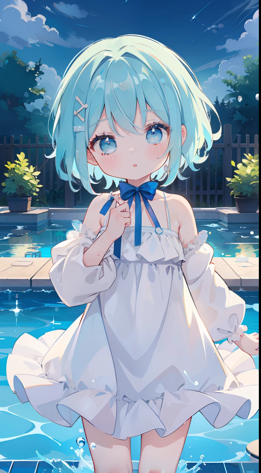 One girl、natta、swimming pools、Night Pool、summer dress、splash water、cute little、Blue-haired、light blue eyes、masterpiece、top-quality、Top image quality