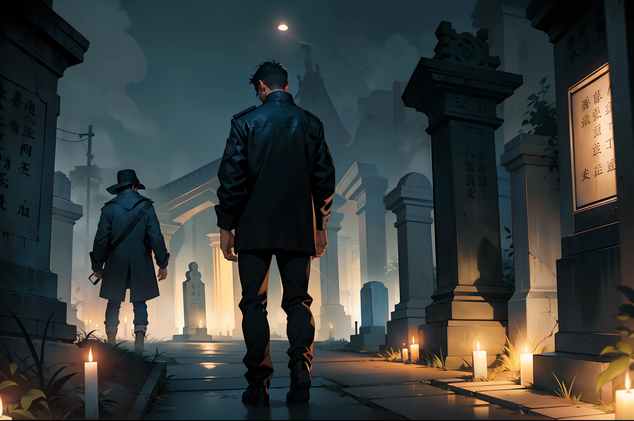 deep in the night，In the dead of night，18-year-old boy，Tomb robbery in the cemetery，Dim light。Foggy