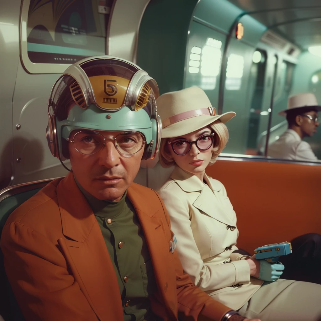 4k image from a 1960s science fiction film by Wes Anderson, Filme O Grande Hotel Budapeste, pastels colors, Young people wearing retrofuturistic alien glasses and holding colorful suitcases and chests on the bus, Retro-futuristic fashion clothes from the 60s with old robots, Luz Natural, Psicodelia, futurista estranho, retro-futurista, photo-realistic, Sharp background details.