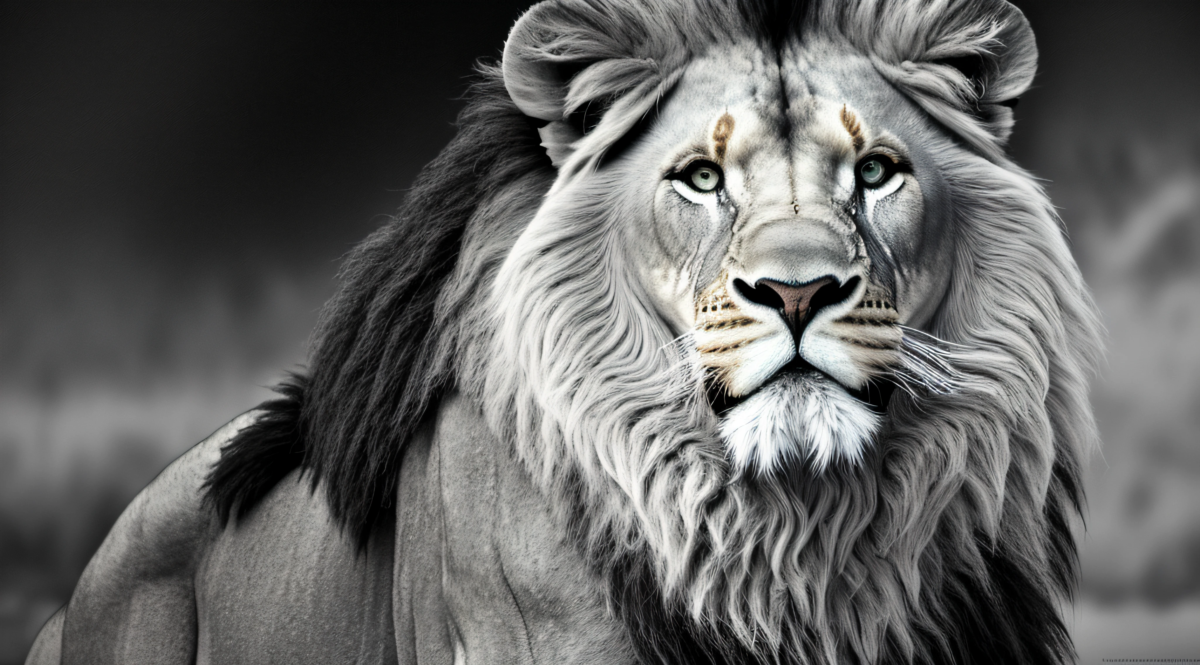 a Lion in black and white ultra realistic looking from the front front view imposing position ultra 8k