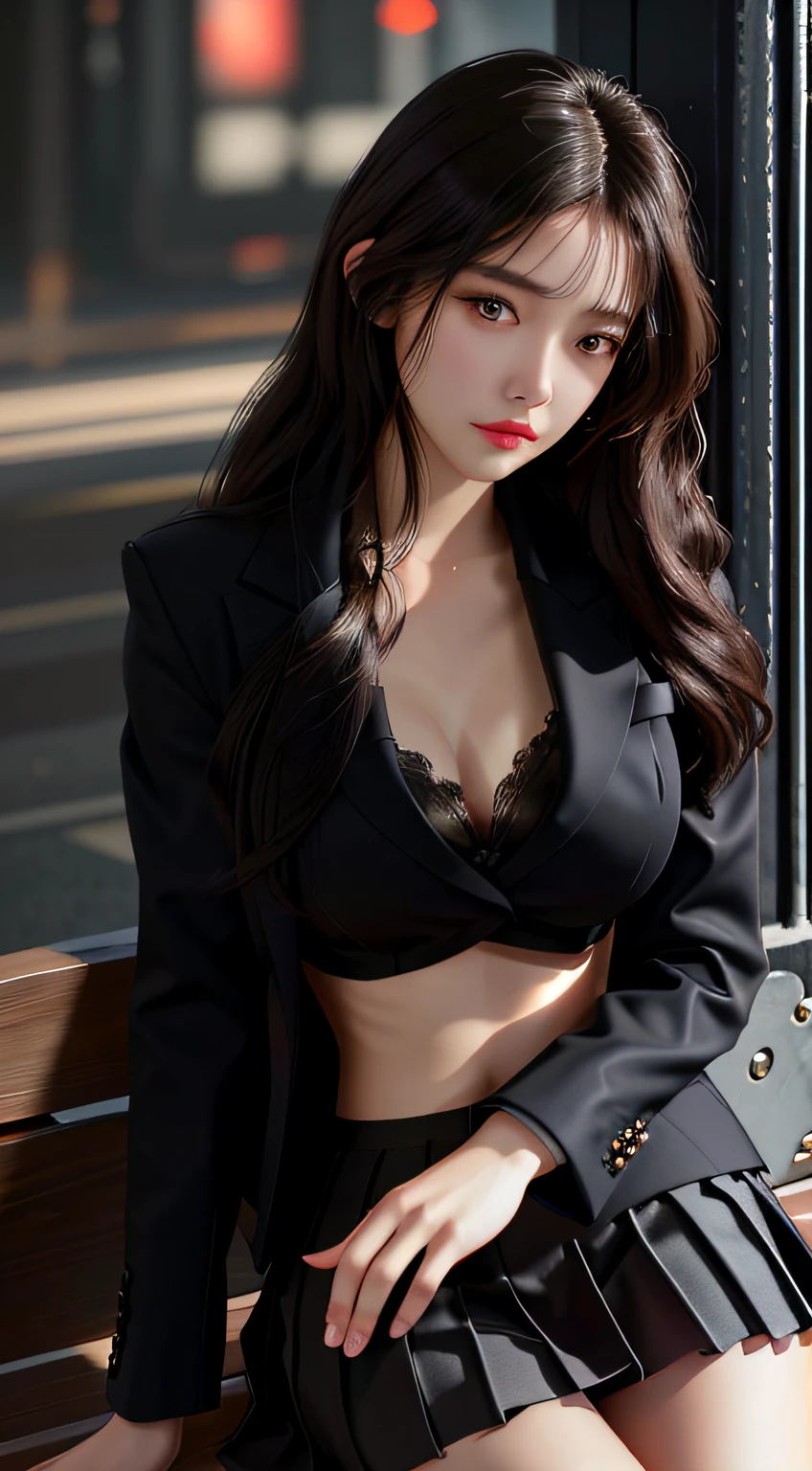 best quality, masterpiece, 1girl, Beautiful face, (photo realistic:1.3), rim lighting, (high detailed skin:1.2), 8k uhd, dslr, high quality, high resolution, 4k, 8k, Bokeh, absurdres, best ratio four finger and one thumb, (realistic:1.3), cute 1girl, wearing black formal blazer, medium breasts, short skirt,