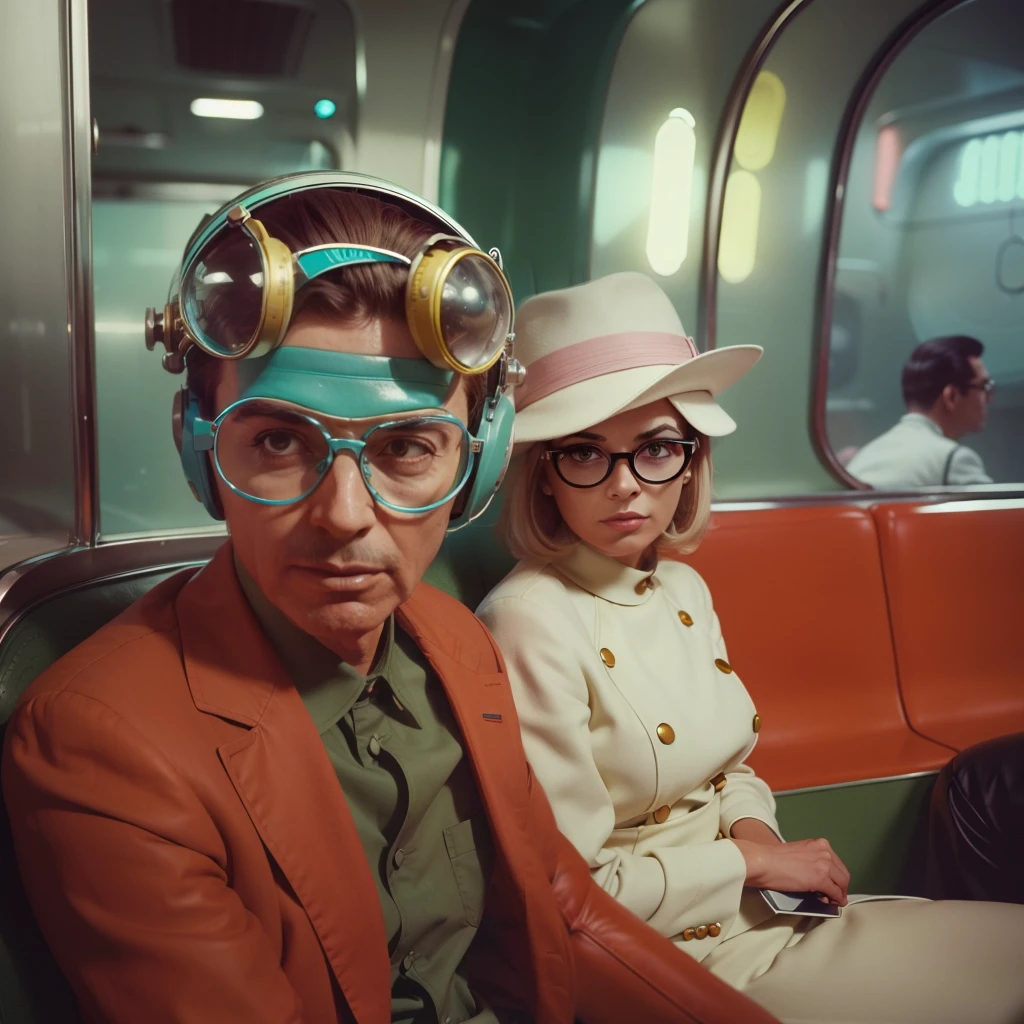 4k image from a 1960s science fiction film by Wes Anderson, Filme O Grande Hotel Budapeste, pastels colors, Young people wearing retrofuturistic alien glasses and holding colorful suitcases and chests on the bus, Retro-futuristic fashion clothes from the 60s with old robots, Luz Natural, Psicodelia, futurista estranho, retro-futurista, photo-realistic, Sharp background details.