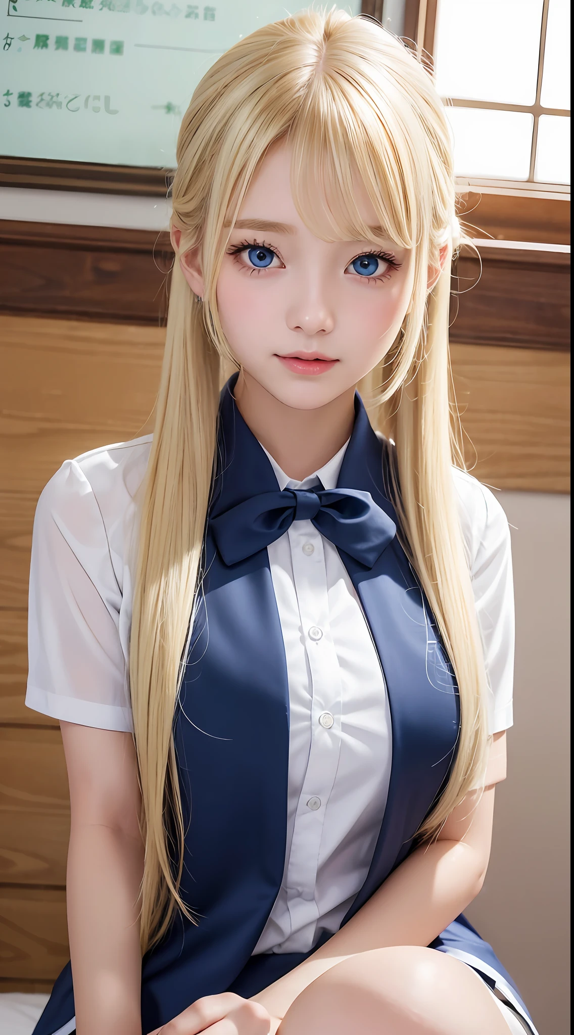 porate、School uniforms、bright expression、poneyTail、young and shiny white shiny skin、Best Looks、Natural blonde,Shine brightly、Shiny light hair,、Super long silky straight hair、Beautiful bangs that shine、Big blue eyes sparkling,Like crystal clear and captivating、Very nice and lovely 16 year old girl、(((huge tit)))