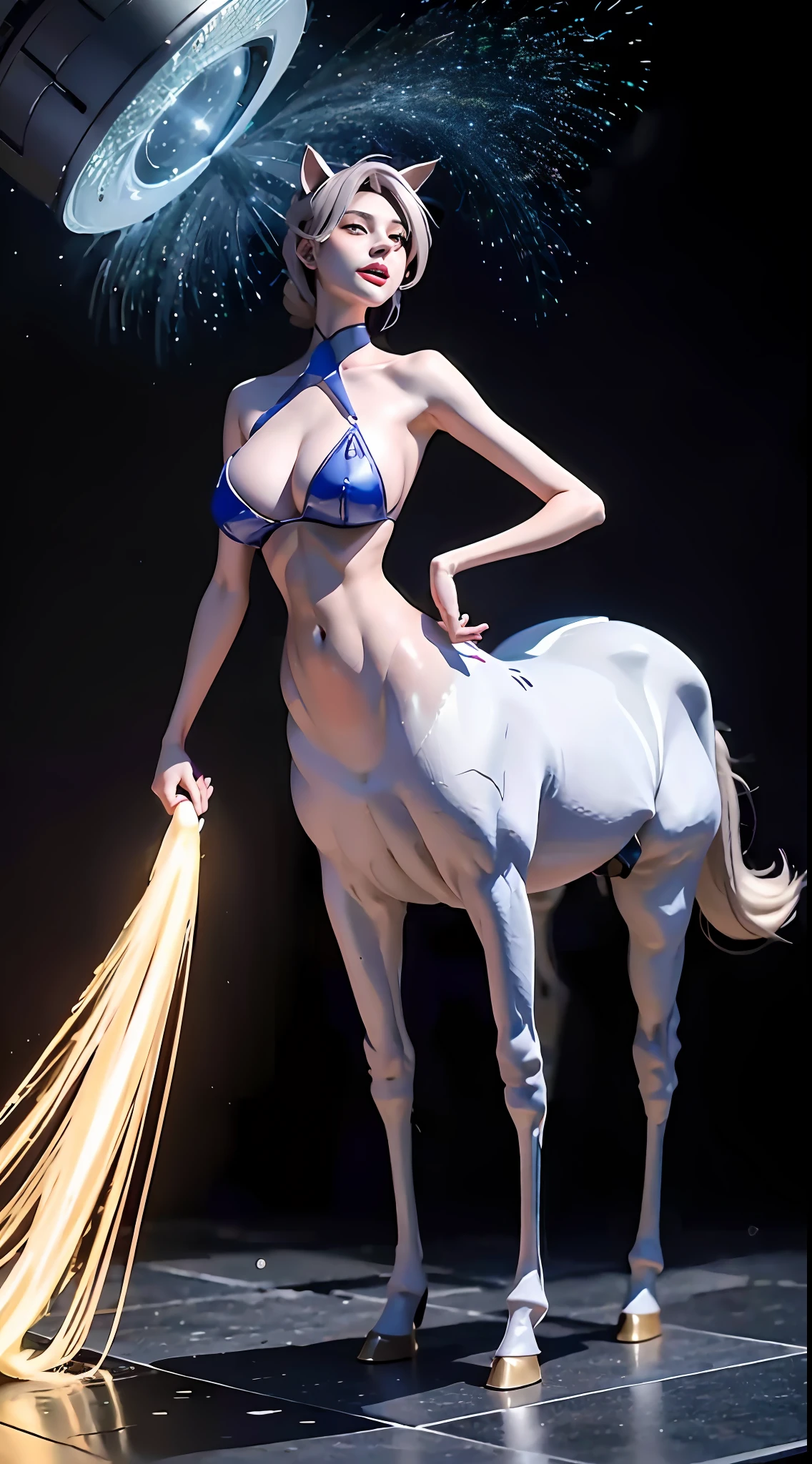 A female centaur,She is famous in the multiverse,She is both a female centaur, half human, half horse, half horse,It is also a heroic move,Her image incorporates the female body of the horse's head, neck and shoulders,Transforms into a beautiful female human upper body,Female, half-centaur, half-human, half-horse, half-human,and female half-horses performing feminization with chimeras with beauties,It's like a chimera of a female human and a female bodyized half-horse,This chimerization is based on powerful futuristic technology。The ultra-wide-angle lens captures the beautiful and ethereal image of her light wings on the ionosphere and making jumps。Her front half is a tall, sexy body with obvious feminine characteristics,Has K cup teardrop-shaped giant tit chest,Small man-waisted butterflies span long legs,The half-horse of the back half of the body is embedded in the front half of the body at the hip position,The horse-shaped half-horse torso form of the back half of the body is completely female and humanized,A sexy bent dog style shaped chest cavity embedded from the upper end of the sternum is embedded in the hips,Then there are the waist and abdomen of sexy beauties and straight hips,Her entire body has been completely feminized,Includes the half-horse part of the hind body,Mechanize the anti-joints and feet in the shape of the hind leg horse's knee and personify these parts,Make the legs graceful and slender,She has four slender legs like a supermodel,Under the legs are the feet of humans wearing skyscraper heels,Use Midjourney's advanced stroke tools and color palettes, as well as texture packs, model packs, and texture tools,Concentration,Femaleize all parts of her original equine physiologic appearance,And give these parts an ergonomic appearance,Fine treatment of details in the structure of the back body, chest, abdominal cavity and hip legs,Tighten the contours of the chest and abdomen of the transverse posterior body,Tighten lines,Add feminine mechanical