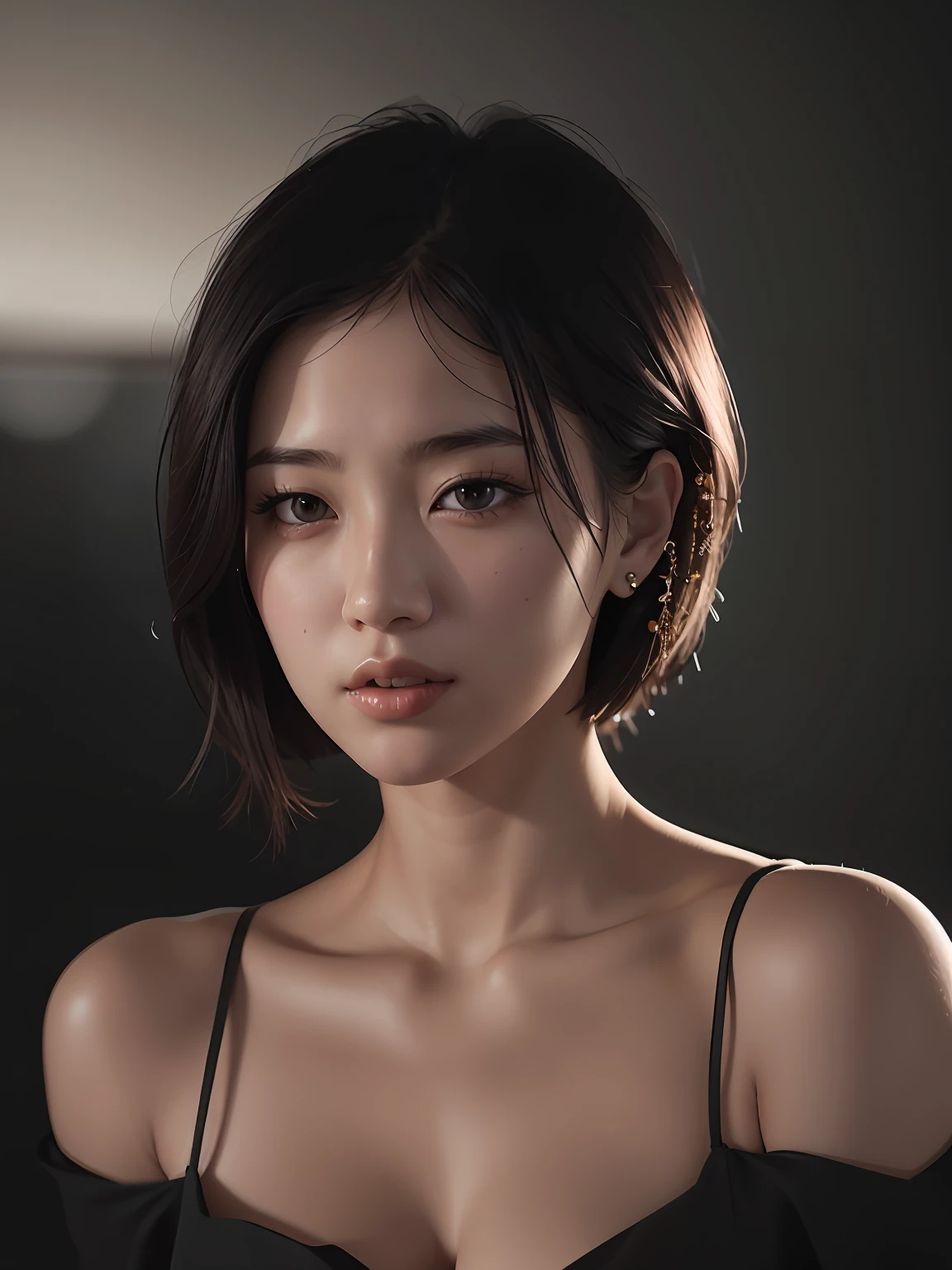 arafed asian woman in a black dress posing for a picture, soft portrait shot 8 k, 8K portrait rendering, With short hair, 8k artgerm bokeh, Gorgeous young Korean woman, Portrait of female Korean idol, Beautiful young Korean woman, beautiful Korean women, [ 4 k photorealism ]!!, Young adorable Korean face、Light blue underwear、Large breast exposure