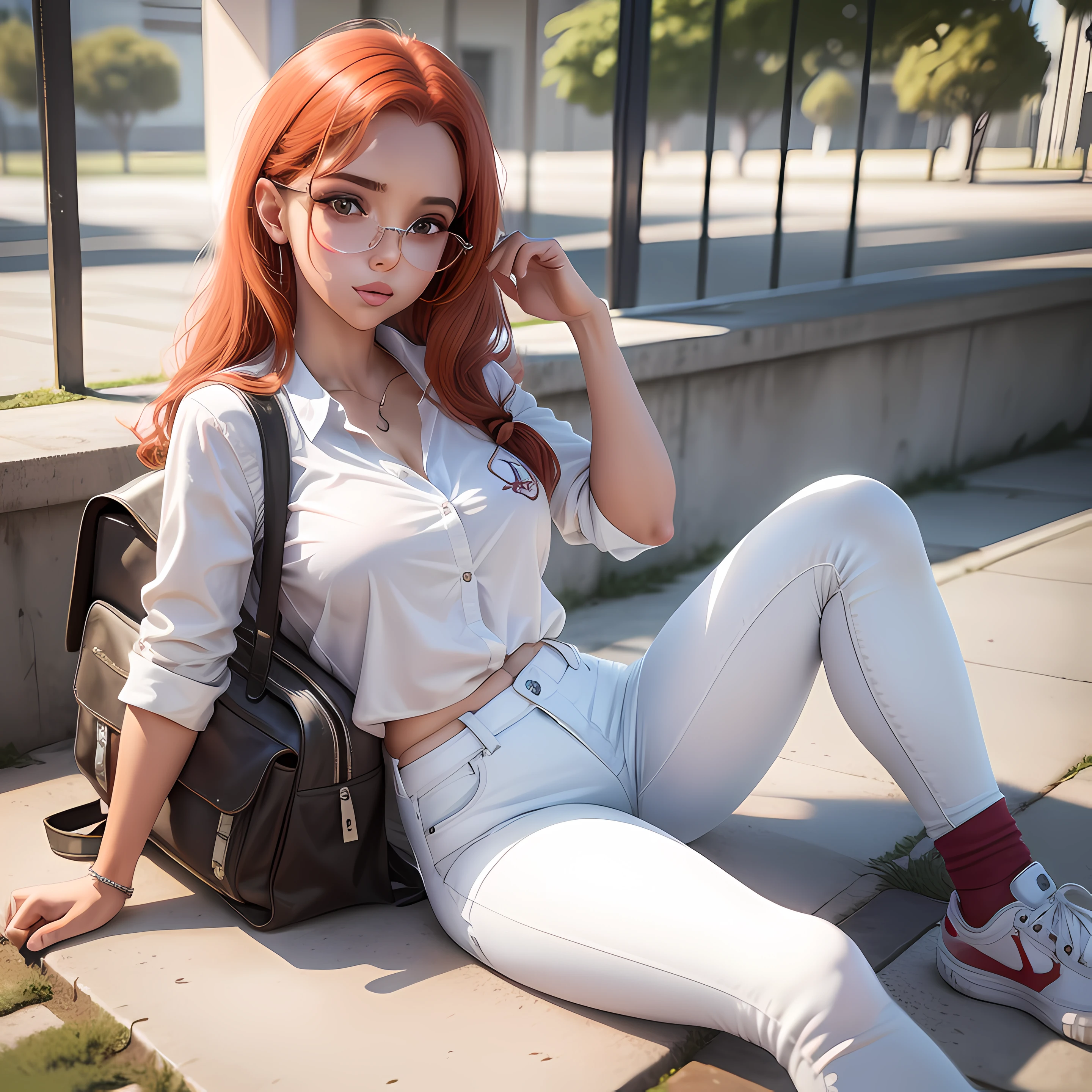 1 Jovem ruiva , estudante , wearing school uniform, white blouse and jeans , white sneakers , mochila vermelha, lancheira , in the schoolyard , com amigas , ..3d ,4k