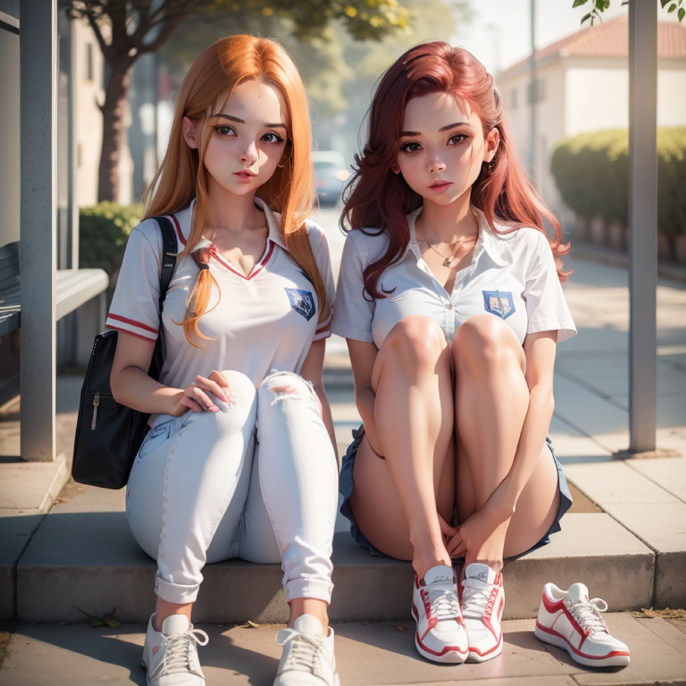 1 Jovem ruiva , estudante , wearing school uniform, white blouse and jeans , white sneakers , mochila vermelha, lancheira , in the schoolyard , com amigas , ..3d ,4k