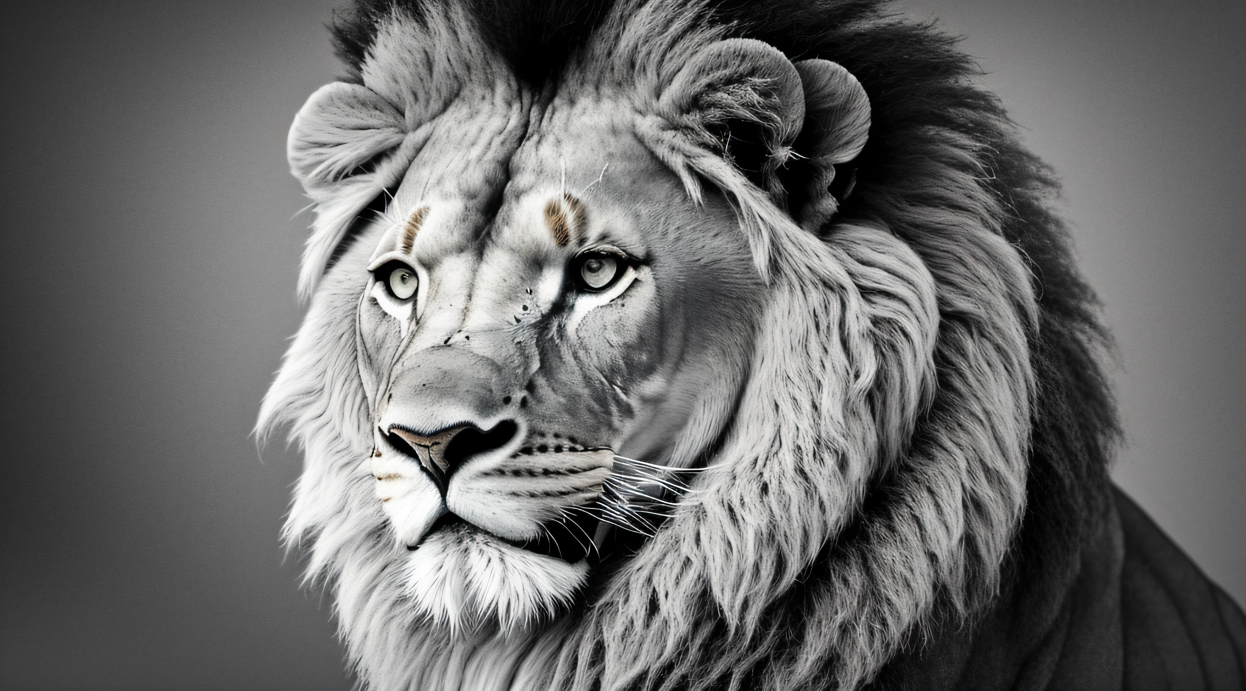 A lion in black and white caricature ultra realistic imposing sitting front view ultra 8k