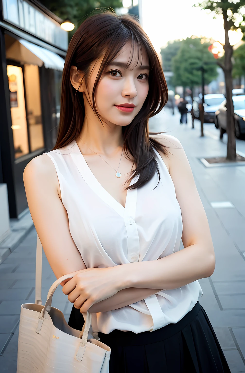 ((8K:1.27)、top-quality、masterpiece、超A high resolution:1.2)Photo Beautiful Japan woman (pleasing:1.1) (White shirt clothes:1.21) Design by Gregg Lutkowski and Alphonse Mucha Intricate Elegance、Fantasia、detaileds、Geometry、Gradient lighting、1girl in、26 year old、Delicate skin、Brown-eyed、(short flaxen hair:1.2)、(Very small breasts:1.0)、(medium areola:0.8)、(Photorealsitic:1.4)、(top-quality:1.0)、(超A high resolution:1.0)、(without hands:1.0)、8K、Raw photography、 (Representative songs: 0.2), (pureerosface_v1:0.5)、loose-fitting clothes、tote bags、Sleeveless、Onepiece、Sleeveless、see -through、Laugh、a necklace、Thin linen material、The shirt、(Park at night、mid night)、Electric light、After work、Business Fashion、Parted bangs、Hair is tied up、Close-up hairstyles、Gentle smile、Lapel Rack、up chest、the shape of the breast is clearly visible、Hang your bag、eyebrows are thin、Hands behind the head、Hair Tie Gestures、sideways Facing、stick out buttocks、Hair fixation gesture、Tie-back gesture for hair、skirt by the、Show clean armpits、Arms behind the head、Look out、no-bra、invite、Slender eyes、Inviting eyes、