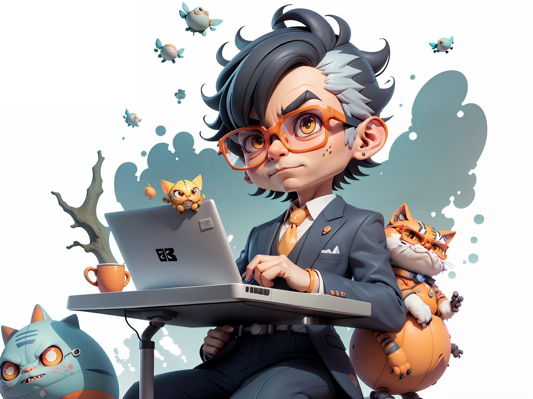 A young man in a suit, Short hair and glasses sat at his desk,holding laptop,digitial painting,tigre,3D character design by Mark Clairen and Pixar and Hayao Miyazaki and Akira Toriyama,4K HD illustration,Very detailed facial features and cartoon-style visuals。