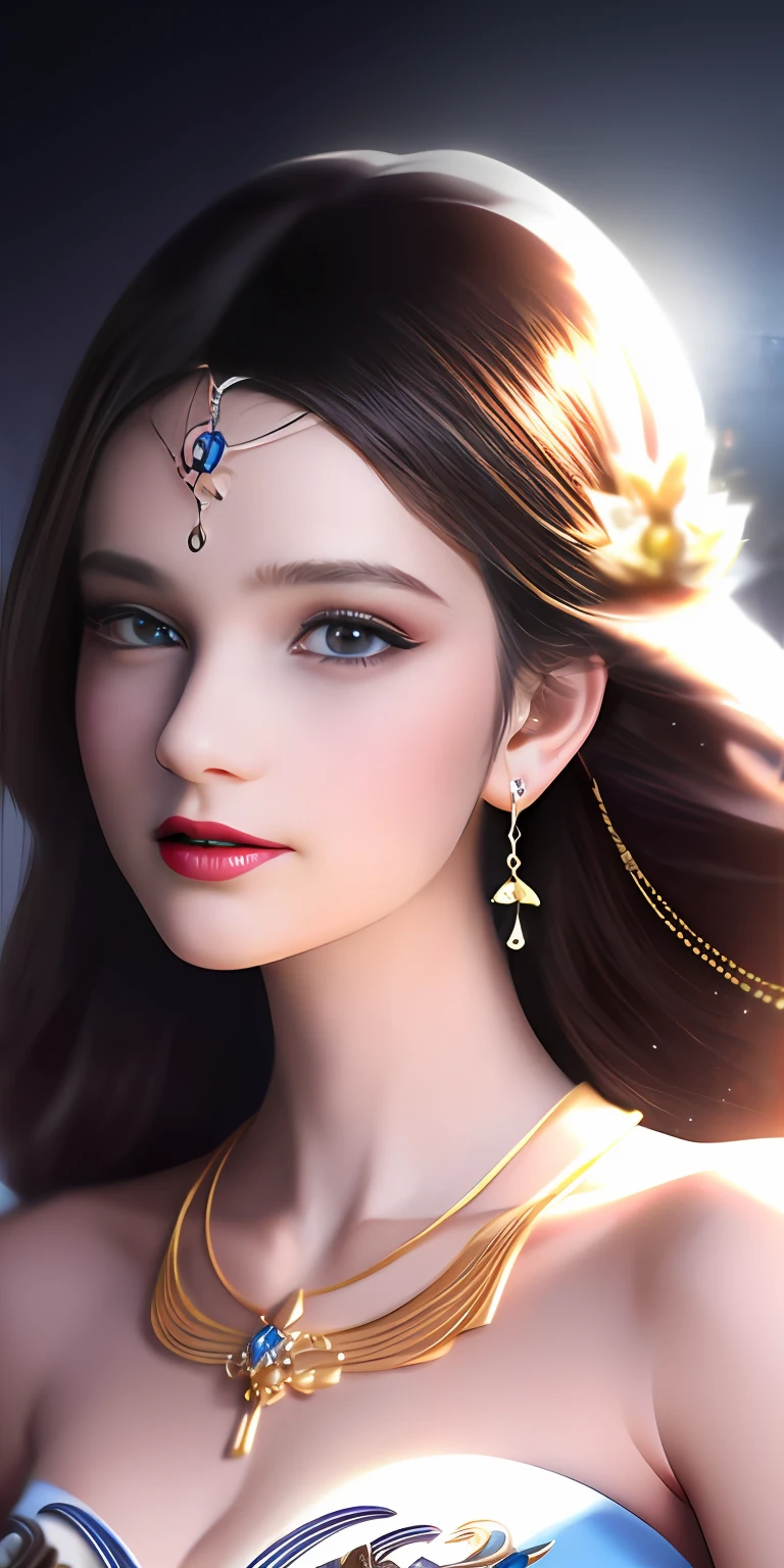 Best quality, masterpiece, high resolution, 1girl, clear silk porcelain dress, beautiful face, hair accessories, looking at the audience, smiling, close your mouth, lips, dress, hair accessories, necklaces, jewelry, long hair, earrings, beautiful face, on the body, Tindal effect, realism, dark studio, edge lighting, two-tone lighting, (high detail skin: 1.2), 8k UHD, DSLR, soft light, high quality, volumetric lighting, photo, high resolution 4K, 8k, blurred background