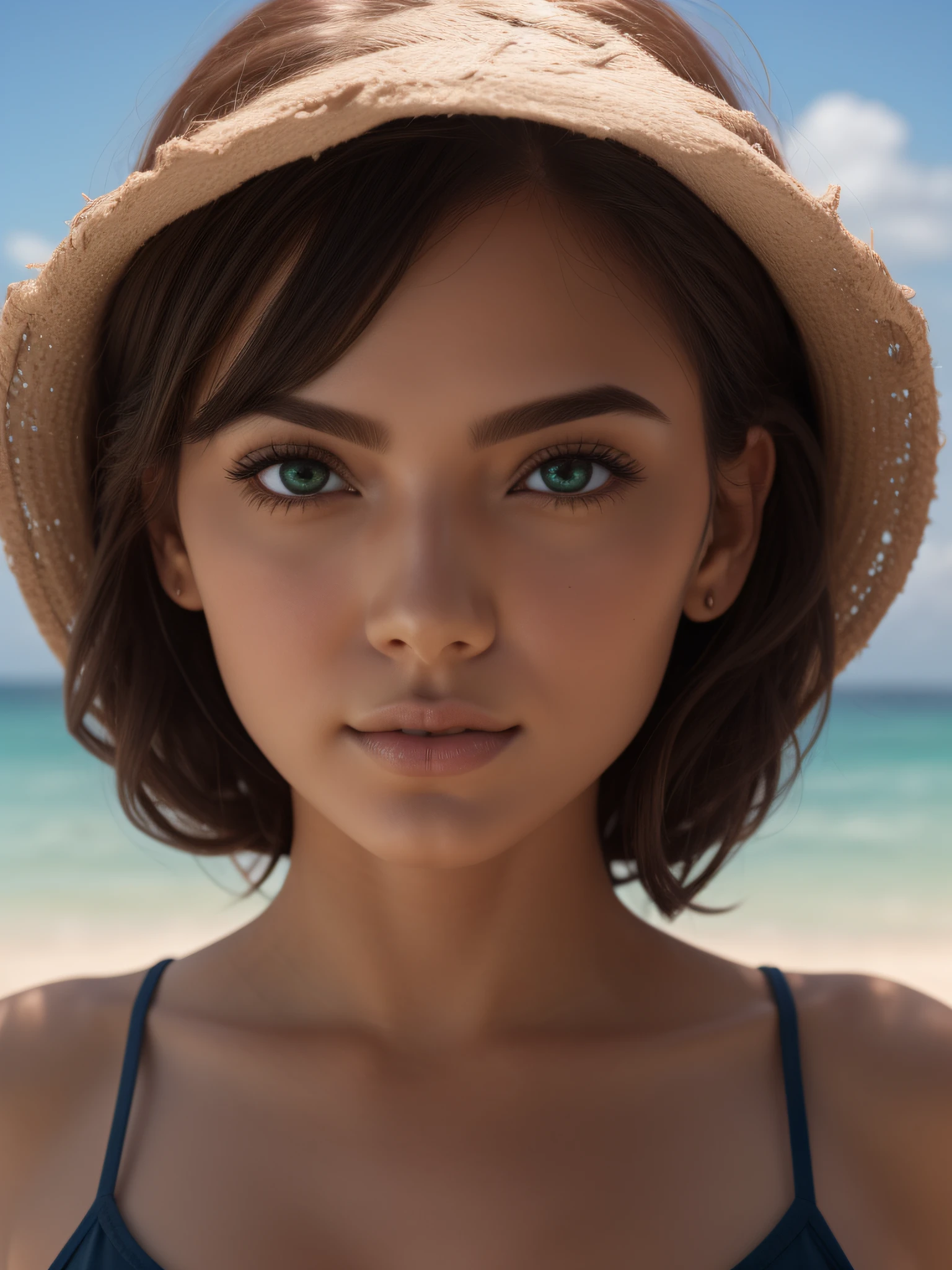 mulher de biquini rosa, estilo sensual sexy, com cabelos ondulados pretos de pele mulata, olhos verdes, sentada em uma cadeira de praia em uma praia ensolarada, imagem realista, peitos perfeitos, rosto perfeito, olhos perfeitos iris circular com reflexo, corpo perfeito, imagem de alta qualidade, 8k, cores vivas, reflexo ray tracing