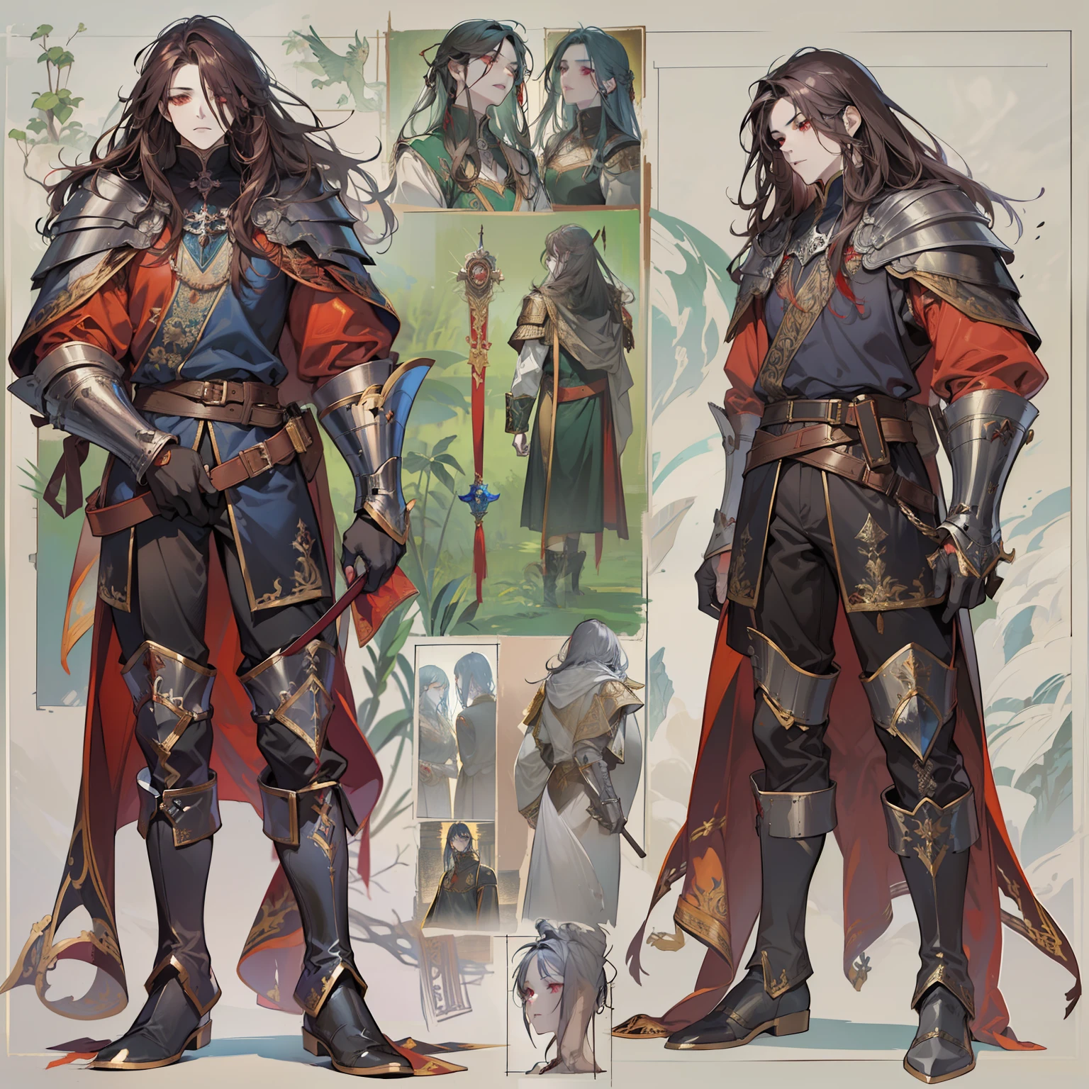 1 boy, solo, long hair, red eyes, shirt, metal cuffs, high boots, metal greaves, medieval theme, looking at viewer, fantasy art, beautiful painting, guwaika style, epic exquisite character art, stunning characters, strong man (reference sheet:1.5)