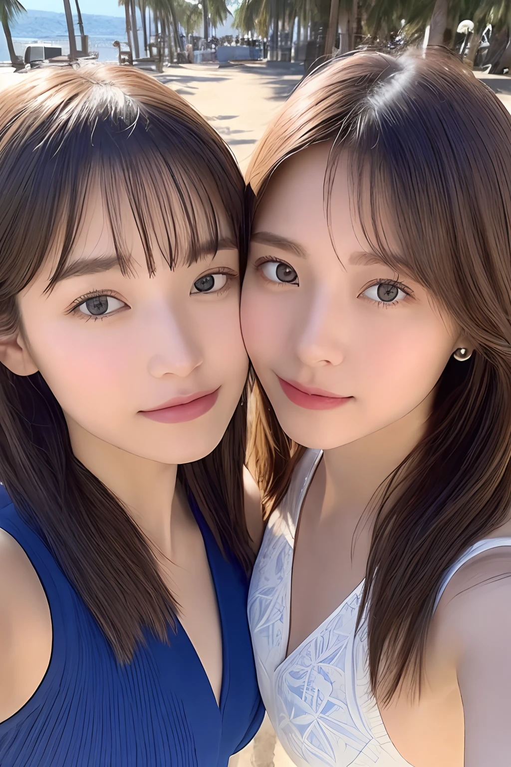 (From below:1),((2girls)),(Two people facing each other in one image:1.3),Light Brown Fringe Longhair、Braided hair、disheveled hair、Light brown eyes、(dignified expression)、(Colorful micro bikini),(爆乳)、Emphasize the valley、the beach、Palm trees、blue-sky、(Photorealsitic)、(intricate detailes:1.2)、(masterpiece、:1.3)、(top-quality:1.4)、(超A high resolution:1.2)、超A high resolution、(A detailed eye)、(detailed facial features)、(selfee:1.2)