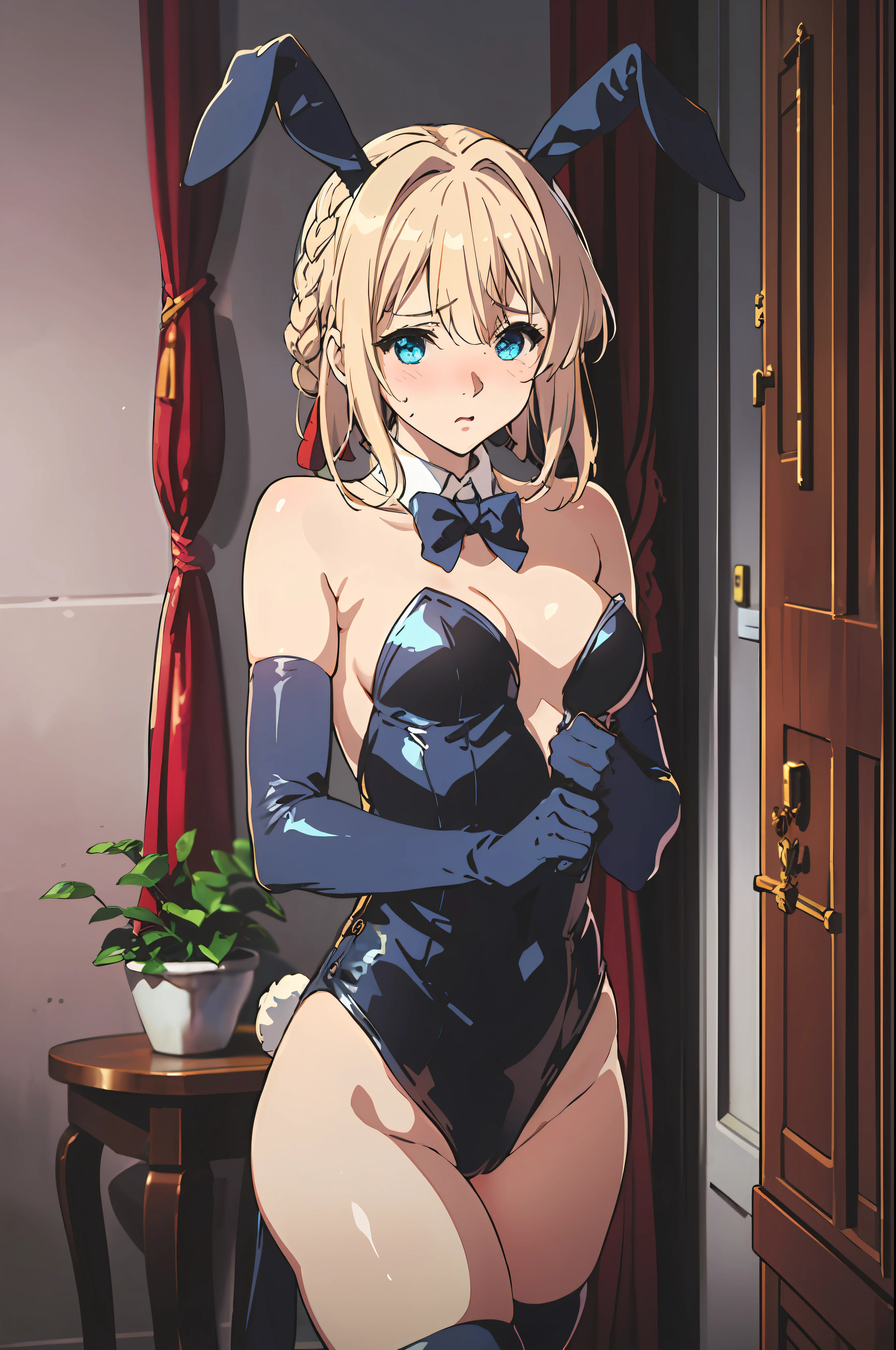 Violet evergarden, blonde, hair intakes, braid, red ribbon, blue playboy bunny, elbow gloves, ,standing,bunny ears, embarrassed, looking at viewer, bed, short hair,