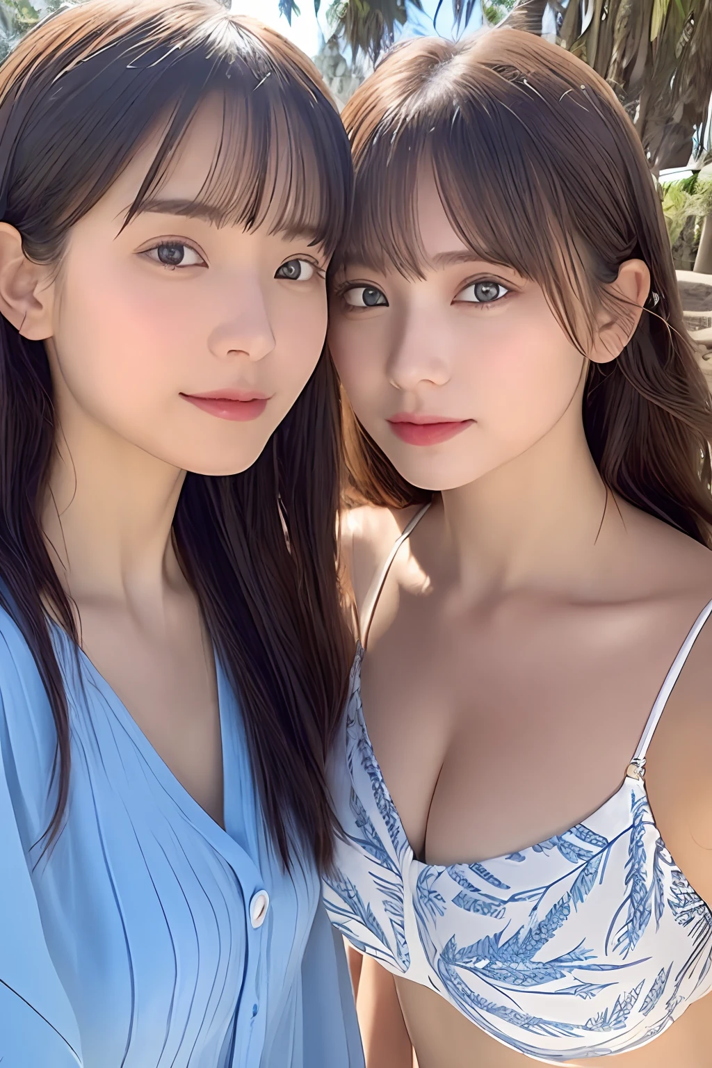 (From below:1),((2girls)),(Two people facing each other in one image:1.3),Light Brown Fringe Longhair、Braided hair、disheveled hair、Light brown eyes、(dignified expression)、(Colorful micro bikini),(爆乳)、Emphasize the valley、the beach、Palm trees、blue-sky、(Photorealsitic)、(intricate detailes:1.2)、(​masterpiece、:1.3)、(top-quality:1.4)、(超A high resolution:1.2)、超A high resolution、(A detailed eye)、(detailed facial features)、(selfee:1.2)