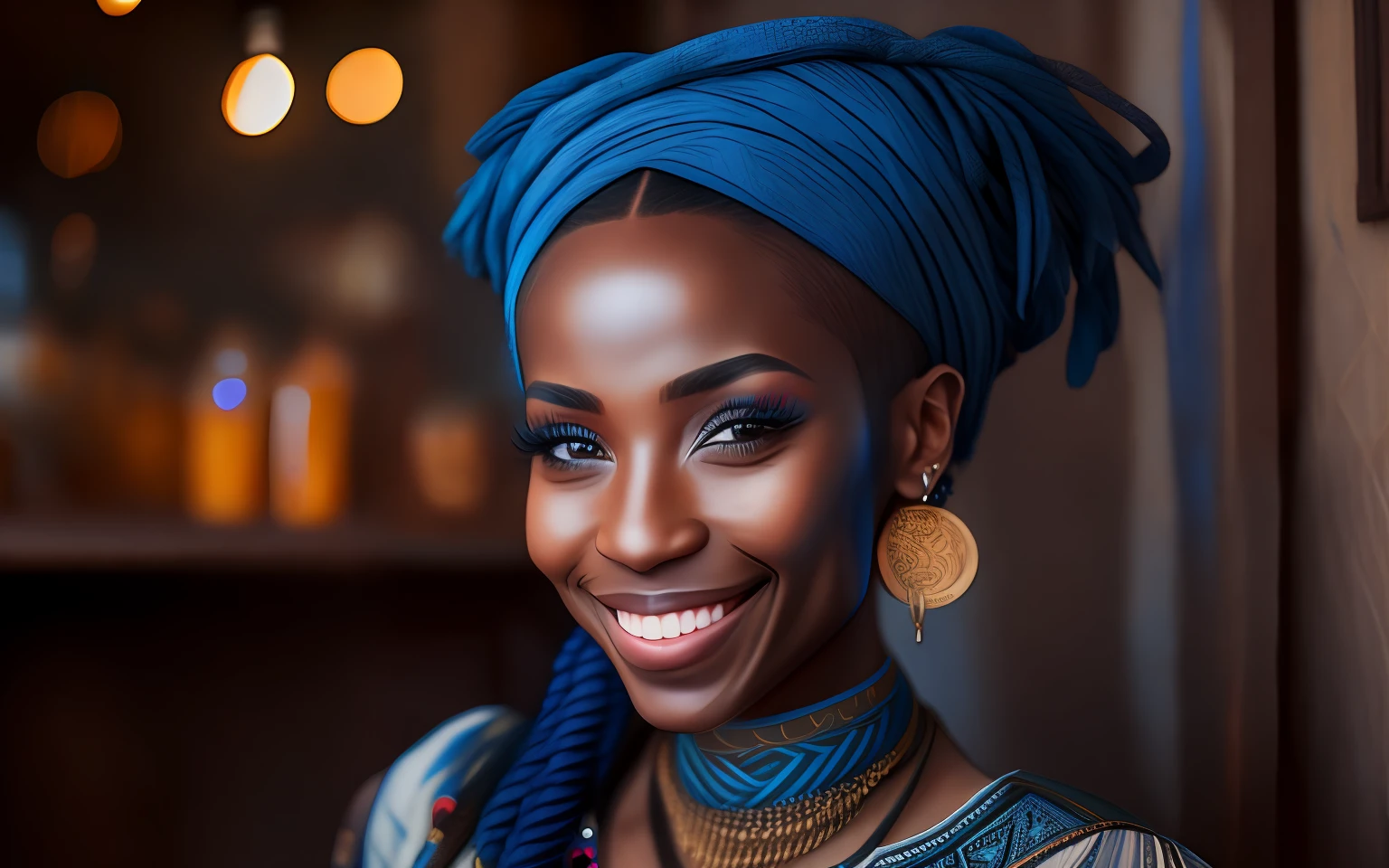 a portrait photo of a black girl, smiling, tattoo, blue dreads, (folk dress:1.3), Ukrainian short dress, pronounced feminine feature, insane details, intricate details, hyperdetailed, complex background, medieval tavern, indoors