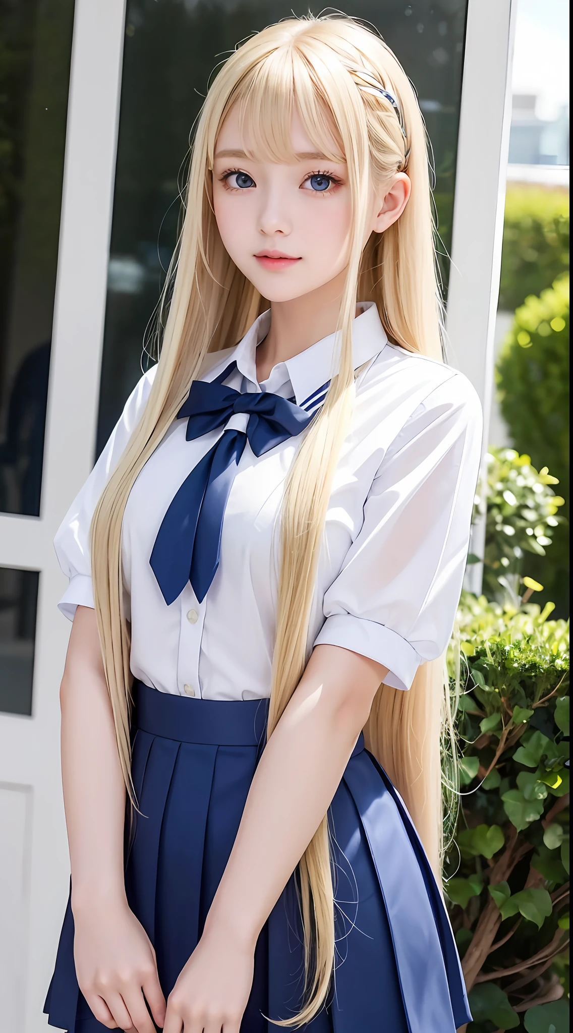 porate、School uniforms、bright expression、poneyTail、young and shiny white shiny skin、Best Looks、Natural blonde，Shine brightly、Shiny light hair,、Super long silky straight hair、Beautiful bangs that shine、Big blue eyes sparkling，Like crystal clear，mesmerising、Very nice and lovely  girl、（（（huge tit）））