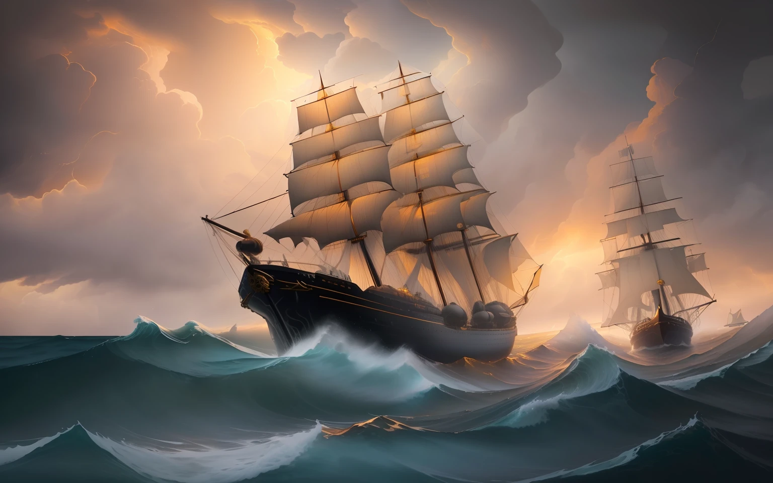 painting of a sailing ship in a stormy sea with a golden sky, a ship lost in a storm, dramatic nautical scene, ship at sea, gold galleon ship, in style of aivazovsky, in rough seas with large waves, inspired by Ivan Aivazovsky, epic oil painting, gothic ship on ocean, an epic painting