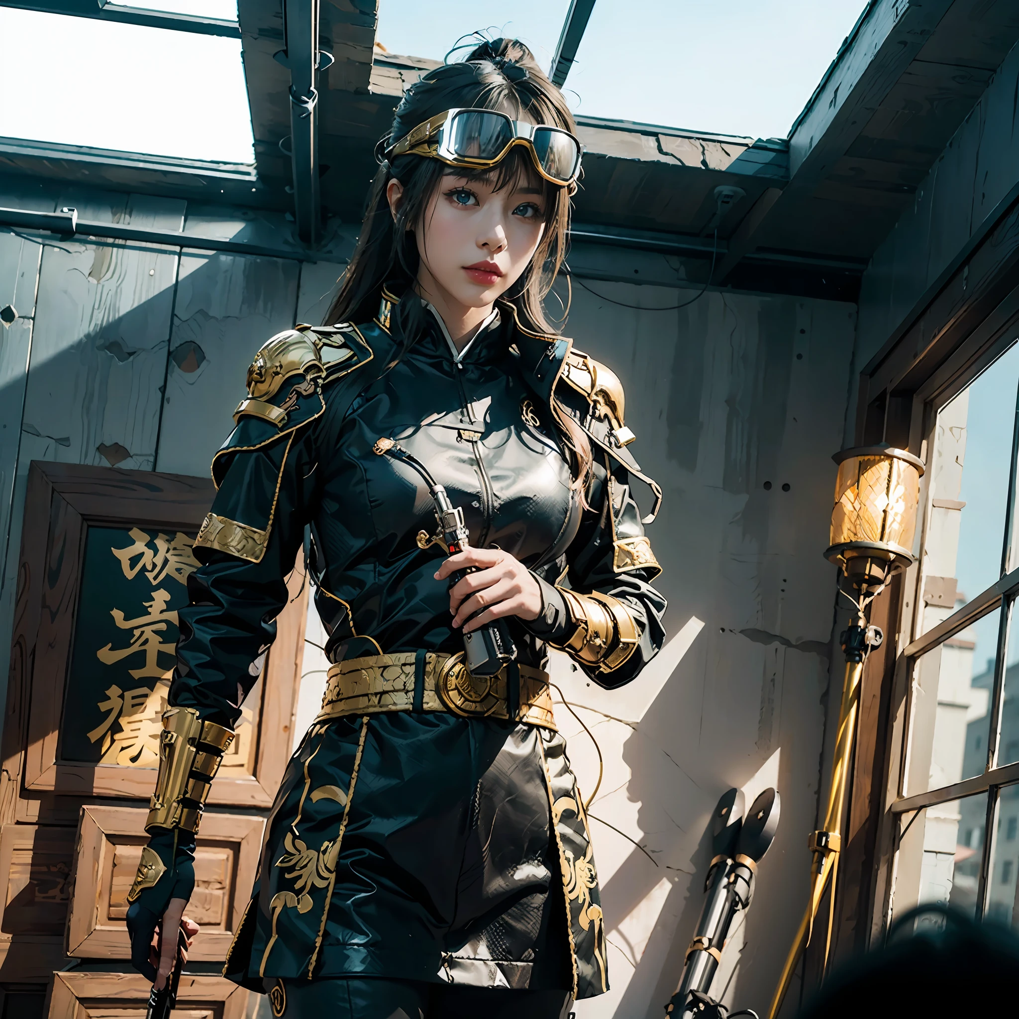 in a panoramic view,photorealestic,cyber punk style,Blue sky, Fly a sci-fi plane,Modern Great Wall defense base,3girl,Wear black Chinese clothing,Dressed in gorgeous gold Chinese high-tech armor,Wearing a gold high-tech helmet,Black high-tech mask,High-tech goggles,High-tech motorcycle,High-tech combat vehicles,holding sabre,Carry a sci-fi rifle,Stand in front of the Great Wall,Sharp eyes,professinal,Meistwick,commissioned,best qualtiy,color corrected,After fixation,Retouching,Improvement,Epic,Tone-mapping,the detail, highly detailed, digitial painting, art stations, Conceptual map of the long dam, Smoothness, Sharp focus, Beautiful illustration, photore, The light from the back window is backlighted, 动态照明, Mist, 复杂, cinematic grain, professinal, face to the viewer,(Beautiful m3d_woman, Perfect M3D_face,), Volumetriclighting, subsurfacescattering, Good highlights, Good shadows, cinematic ligh