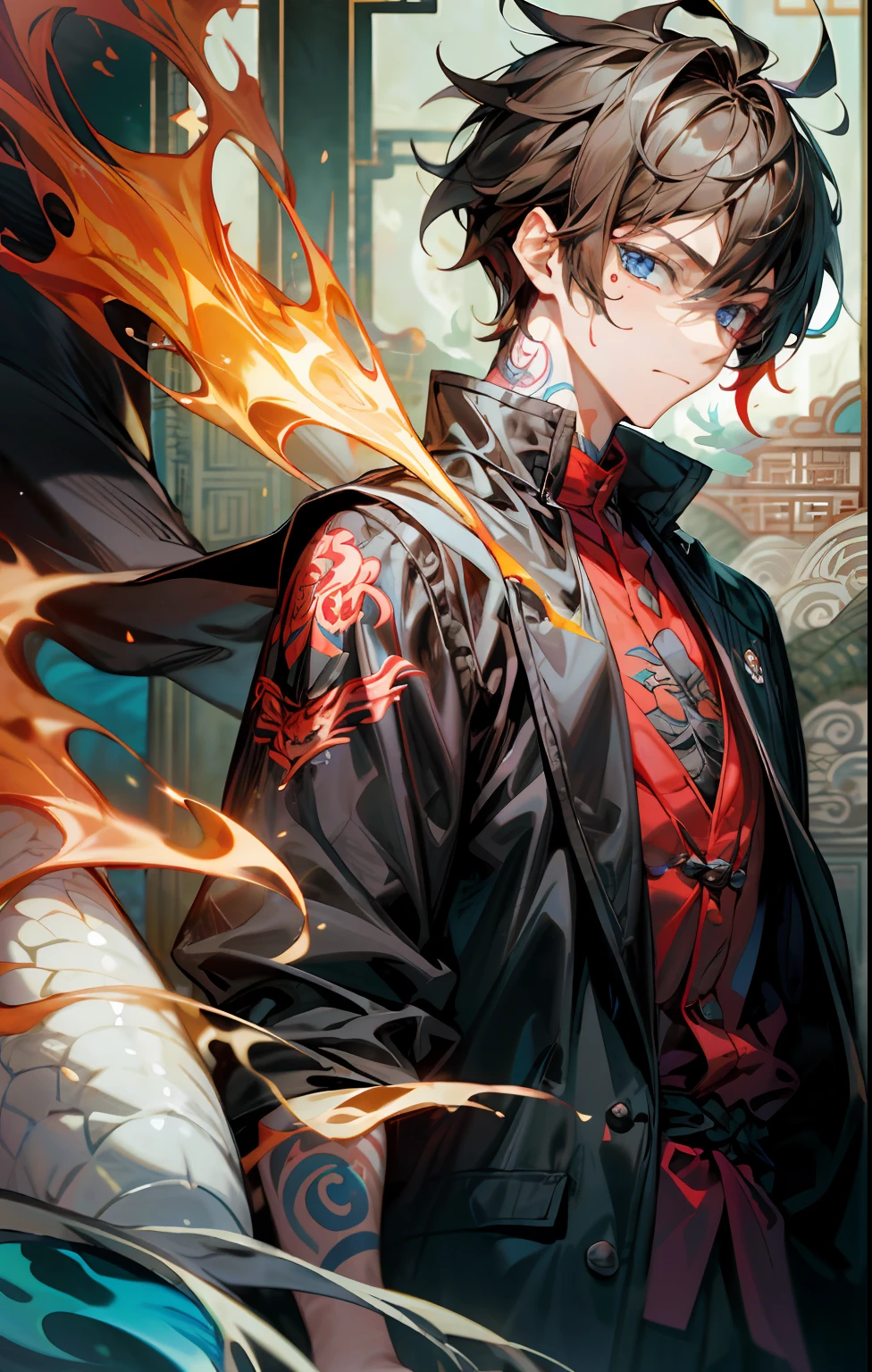 A young man, super short brown hair, blue eyes, black jacket, tattoo on face, colorful flame wrap, Chinese dragon ghost, HD, rich color, detail, light, masterpiece, masterpiece
