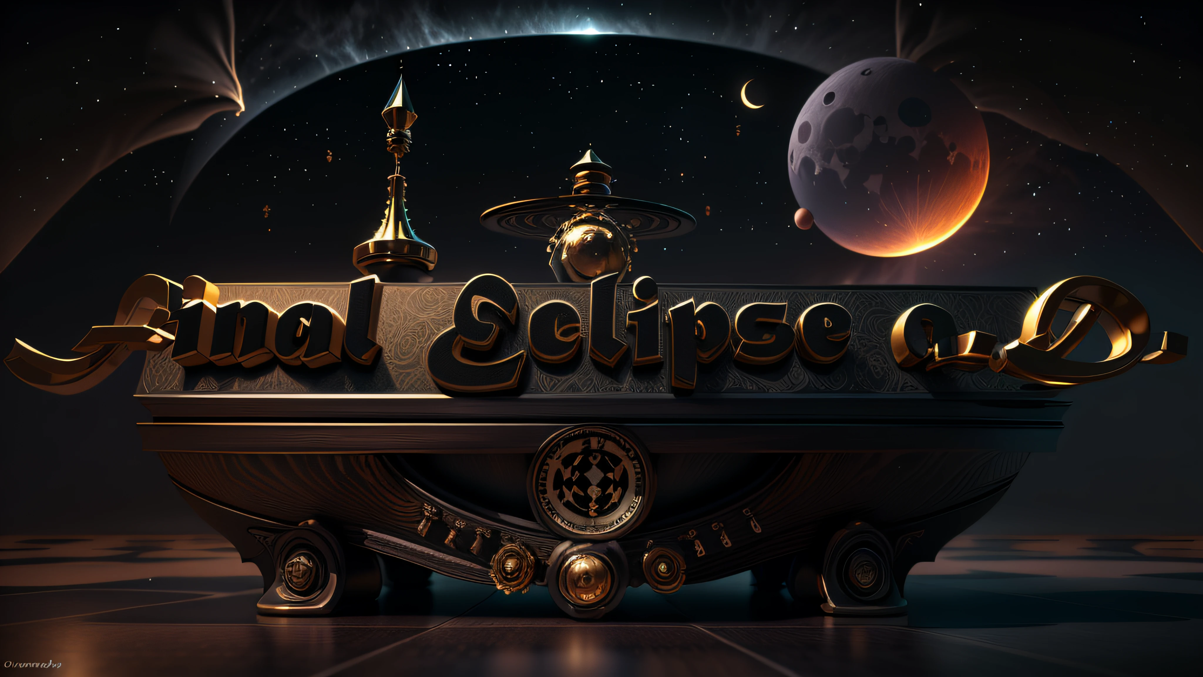 Logo com o nome Final Eclipse a.d. BEGE, Themed black and bronze in a night sky with full moon and giant planet Saturn behind, 8k, 3D-rendering, Hiper realista, logo is on a mirrored chessboard, NVIDIA, ray-traced, Bokeh, profundidade de campo, Sinalizadores,