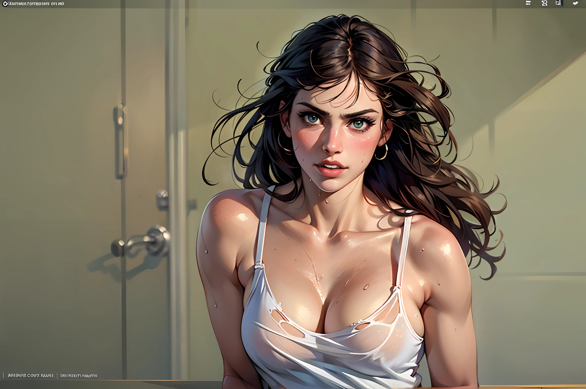 (1 girl), (Alexandra Daddario), ripped clothes, fell to the floor, a wet white T-shirt, exposed more than half of her breasts, She tried to cover her breasts with one hand, made her breasts more attractive, Her lower body was wearing torn panties, her other hand seemed to be covering her naked lower body, a blush on her face, her whole body was soaked in sweat, her whole posture was extremely attractive, seductive pose, ((the most beautiful woman in the world)), perfect body, perfect nose, ((well-groomed teeth)), high definition, best quality, ultra-detailed, extremely delicate, high details, ((anatomically correct)), symmetrical face, extremely detailed eyes and face, high quality eyes, UHD, 8k, RAW photo, (Natural light), (professional lighting:1.5), photorealistic, realistic, ((beautiful woman)), goddess, femminine, attractive, ((masterpiece:1.5))