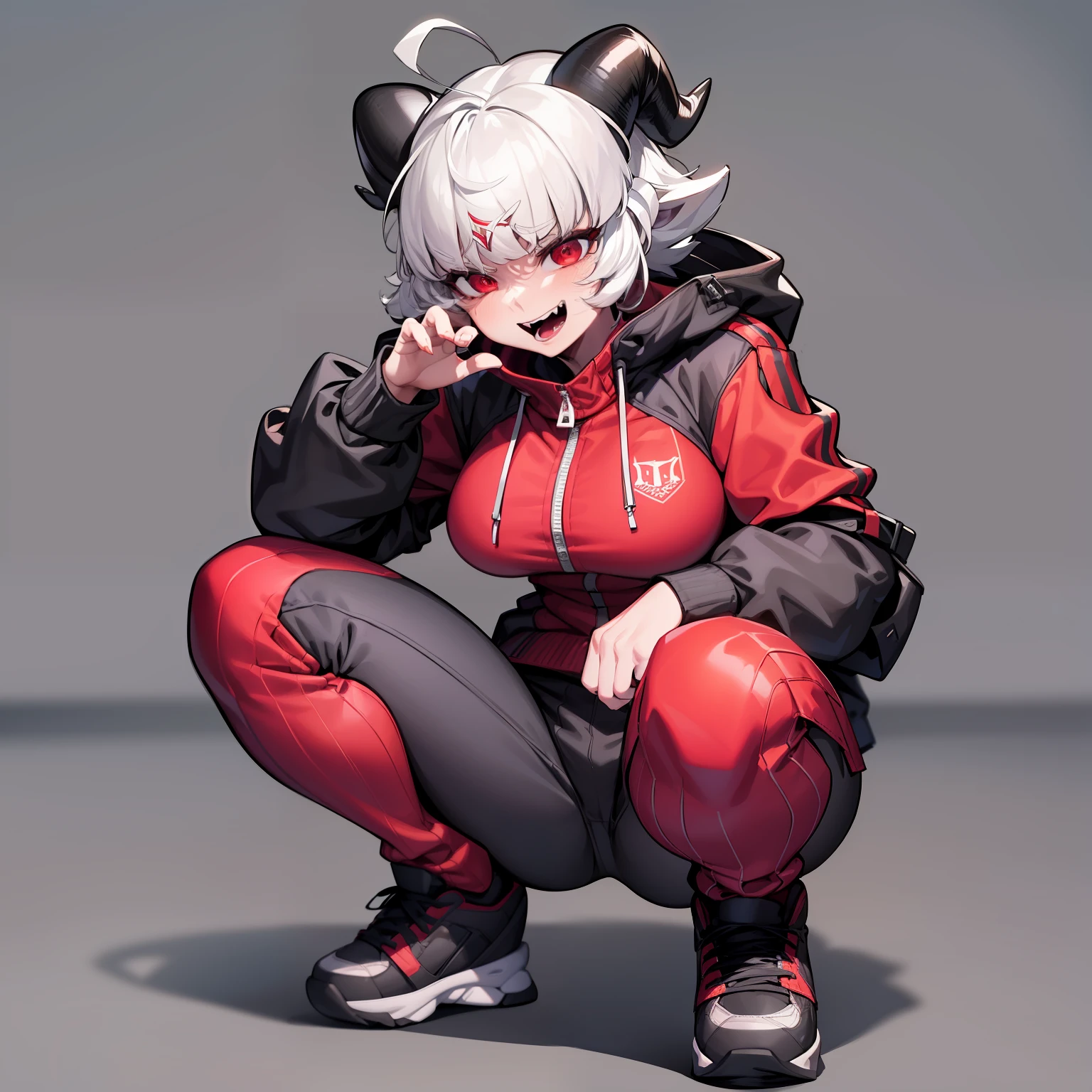 malina(helltaker), large breasts, pants, teeth, black horns, white hair, grey background, black footwear, jacket, short hair, squatting, track jacket, demon horns, demon girl, open mouth, solo, demon tail, looking at viewer, 1girl, red jacket, sneakers, red eyes, ahoge, shoes, simple background, horns, tail