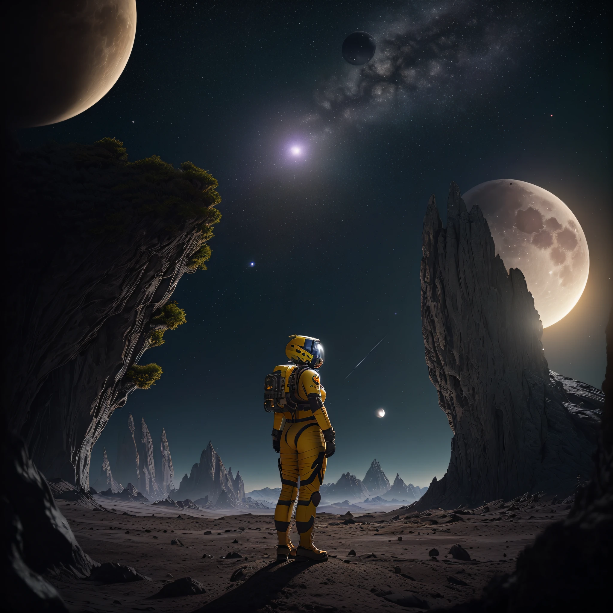 rear angle, highly detailed RAW color photo, rear angle, full body, of (female space soldier, wearing yellow and purple space suit, helmet, face shield, rebreather, accented booty), outdoor, (looking at advanced alien structure, on alien planet), toned body, big ass, (science fiction), (mountains: 1.1), (lush green vegetation), (two moons in the sky: 0.8), (highly detailed, hyperdetailed, intricate), ((DAY TIME)), (lens flare:0.7), (bloom:0.7), particle effects, raytracing, cinematic lighting, shallow depth of field, photographed on a Sony a9 II, 50mm wide-angle lens, sharp focus, cinematic film from Gravity 2013, behind