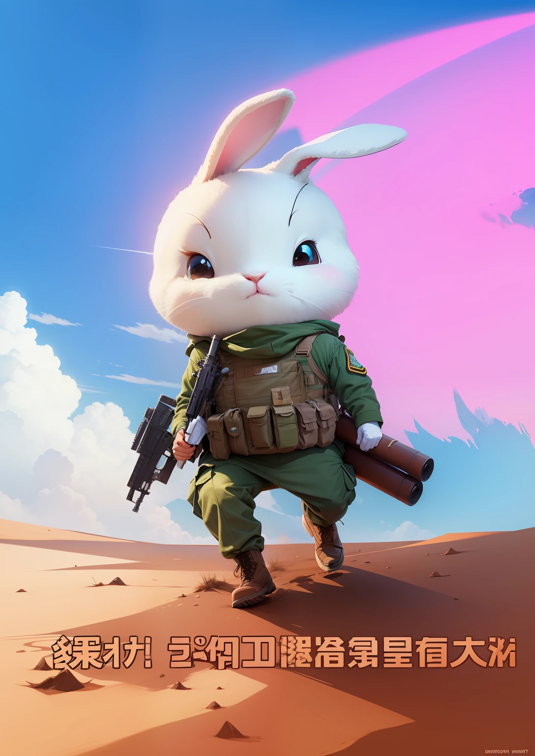 Remove the text part of the image,Draw animated background image of military bunny in uniform