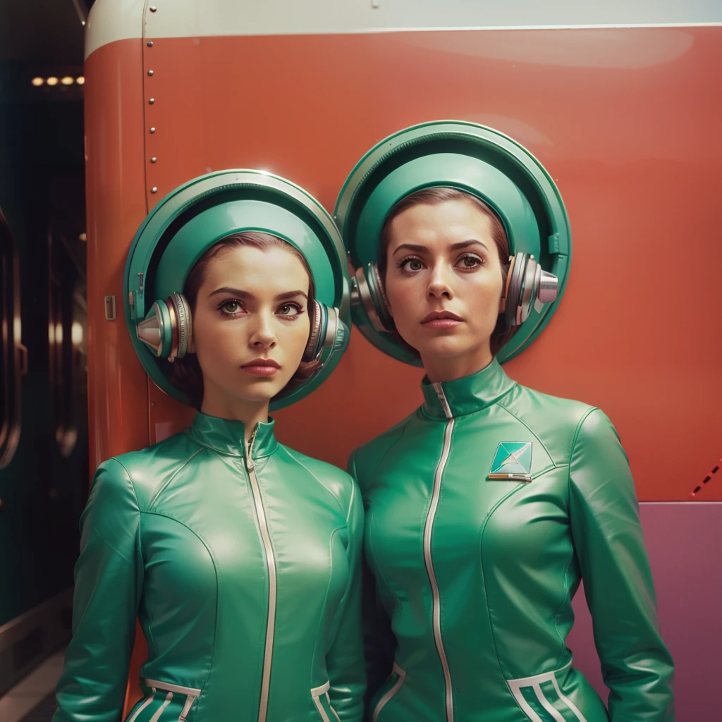 4k image from a 1960s science fiction film by Wes Anderson, Filme O Grande Hotel Budapeste, pastels colors, Young people wearing retrofuturistic alien glasses and holding colorful suitcases and chests on the bus, Retro-futuristic fashion clothes from the 60s with old robots, Luz Natural, Psicodelia, futurista estranho, retro-futurista, photo-realistic, Sharp background details.