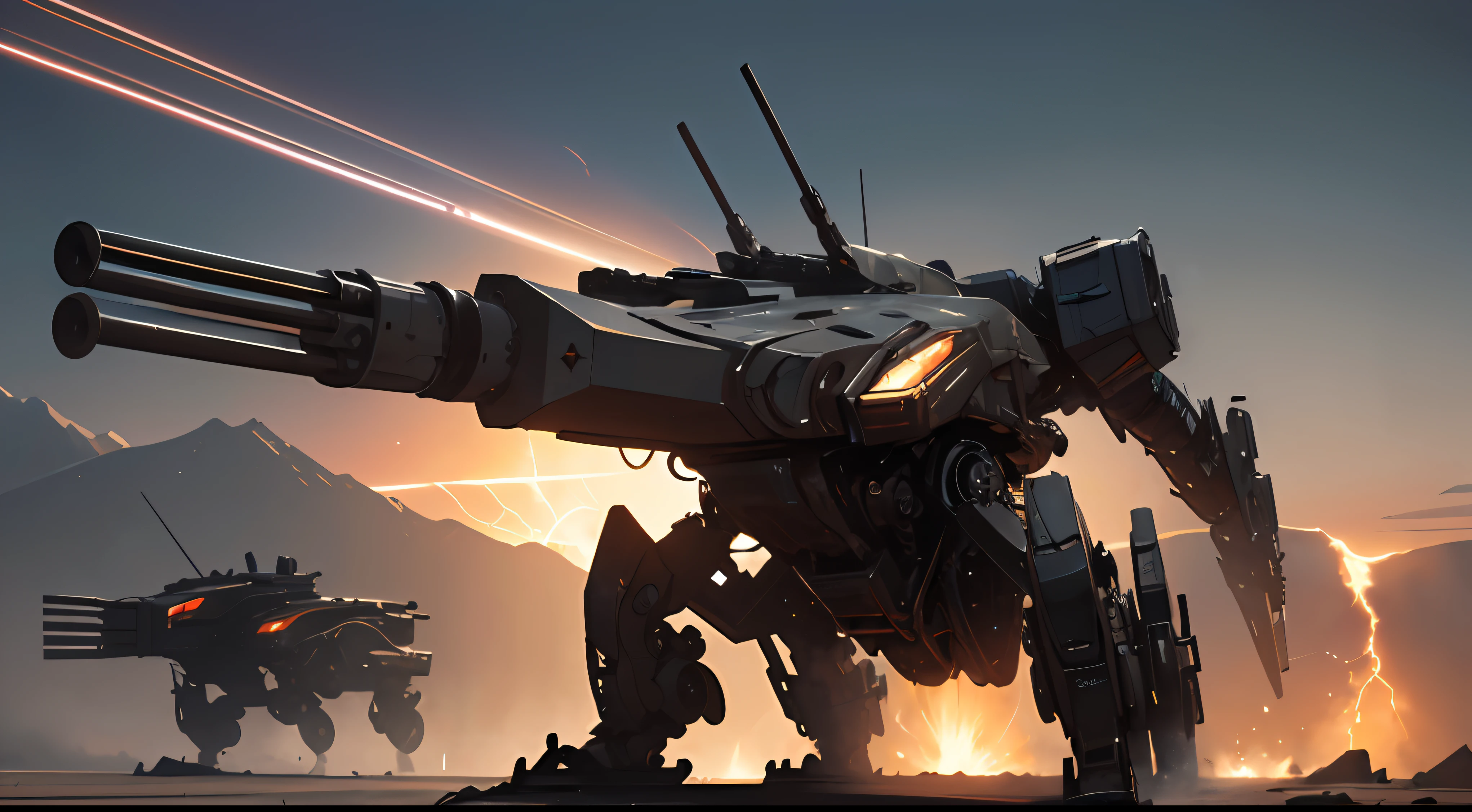 Dark_fantasy, cyber punk perssonage, ((Hexapod:1.5, Self-propelled casemates, Large-caliber artillery:1.7, The muzzle is square, Giant cannon :1.8, Plasma lightning:1.5, Camouflage color：1.1)), 复杂, The laser carries the flame, （Steel metal[rusted]）, Clear focus, Pacific Rim style, Photographed by Greg Rutkowski, gentlesoftlighting, vivd colour, （（Desert battlefield））, expressionistic, in a panoramic view, large scene, dynamicposes, retinas, hyper HD, A high resolution, Award-Awarded, abstract expressionism, Vignetting, Chiaroscuro, afterimage, Atmospheric perspective, Rotated, art-deco, Constructivism, surrealism, god light, Masterpiece, ccurate, Anatomically correct, Textured skin, Best quality, High quality, 16k