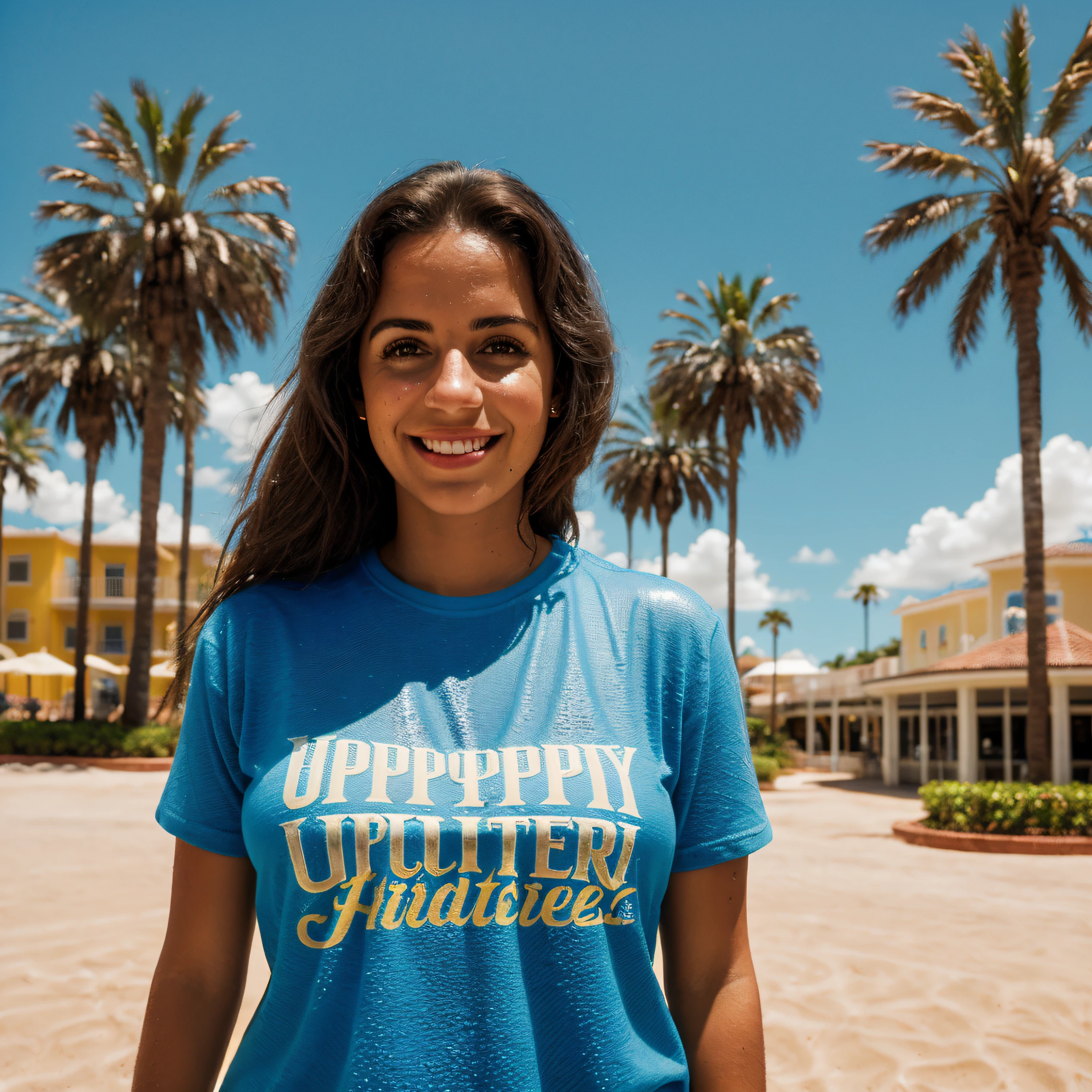 a brazilian woman in a Disney Orlando Resorts ((upper body, happy)), plain blue t-shirt, masterpiece, best quality, ultra-detailed, solo, outdoors, cheerful, happy, shadows, contrast, clear sky, analog style (look at viewer:1.2) (skin texture) (film grain:1.3), (warm hue, warm tone)