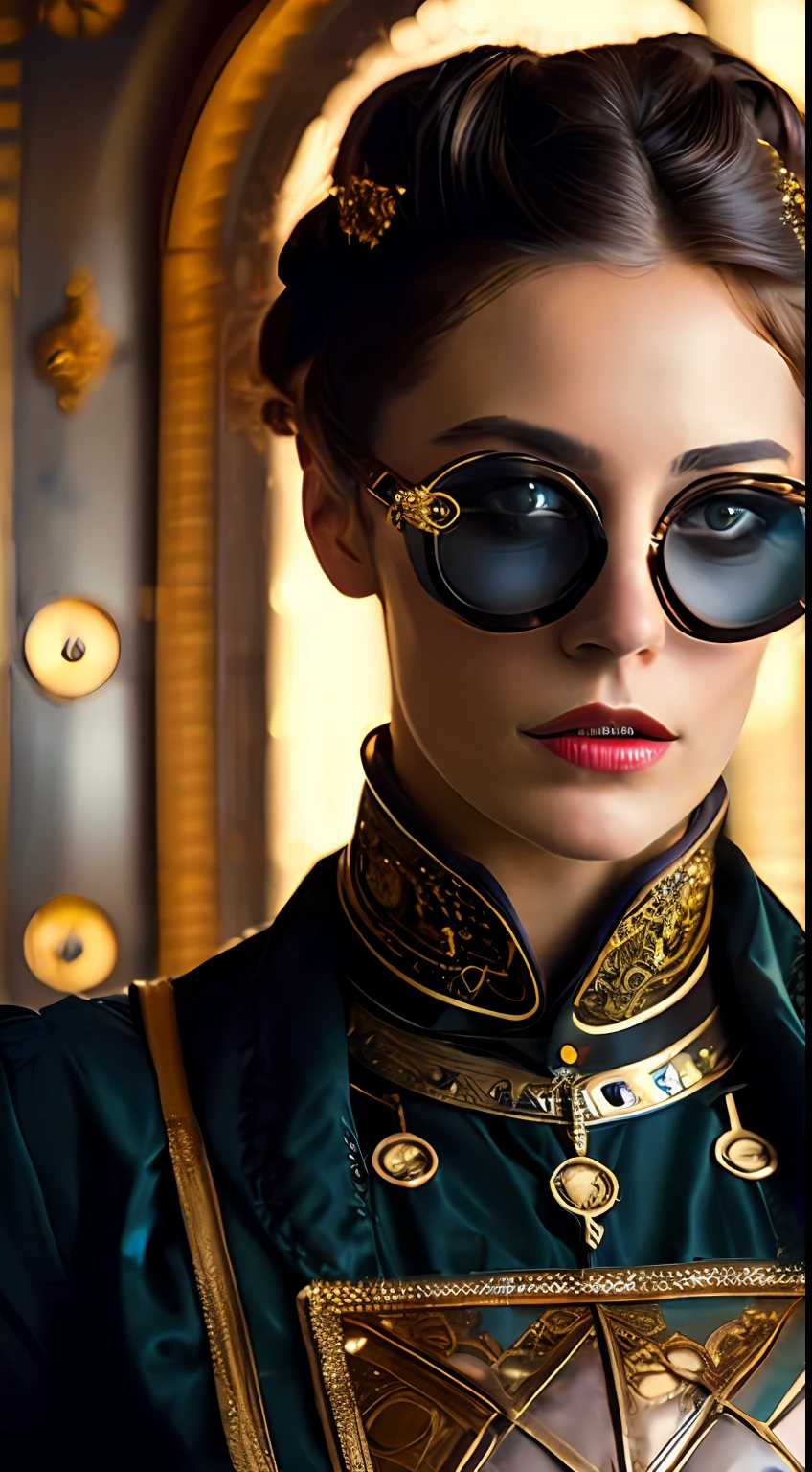 still do filme [Steampunk:Clockpunk:16], foco nos olhos, melhor qualidade, (Victorian-era German woman with fair skin light eyes), rosto perfeito, [[maquiagem ornamentada]], (wearing mechanical overalls with opulent gold embroidery), (( Steampunk glasses)), mechanicalparts, well-lubricated machine, cota de malha, poses sedutoras, luxurious interior of the mansion [da era vitoriana|Steampunk], Mechanical city, (pele detalhada), [arrepio], [[detalhes imperfeitos da pele]], calafrios, profundidade de campo rasa, natural  lightting, (Backlighting:0.7), (film granulation:1.1), fotografado em uma Canon AE-1, mola macro 100mm F/2.8, Fujifilm Fujicolor 800 |, semelhante a filme, Absurdo, (altamente detalhado, detalhadamente detalhado), (meio corpo: 0,9)