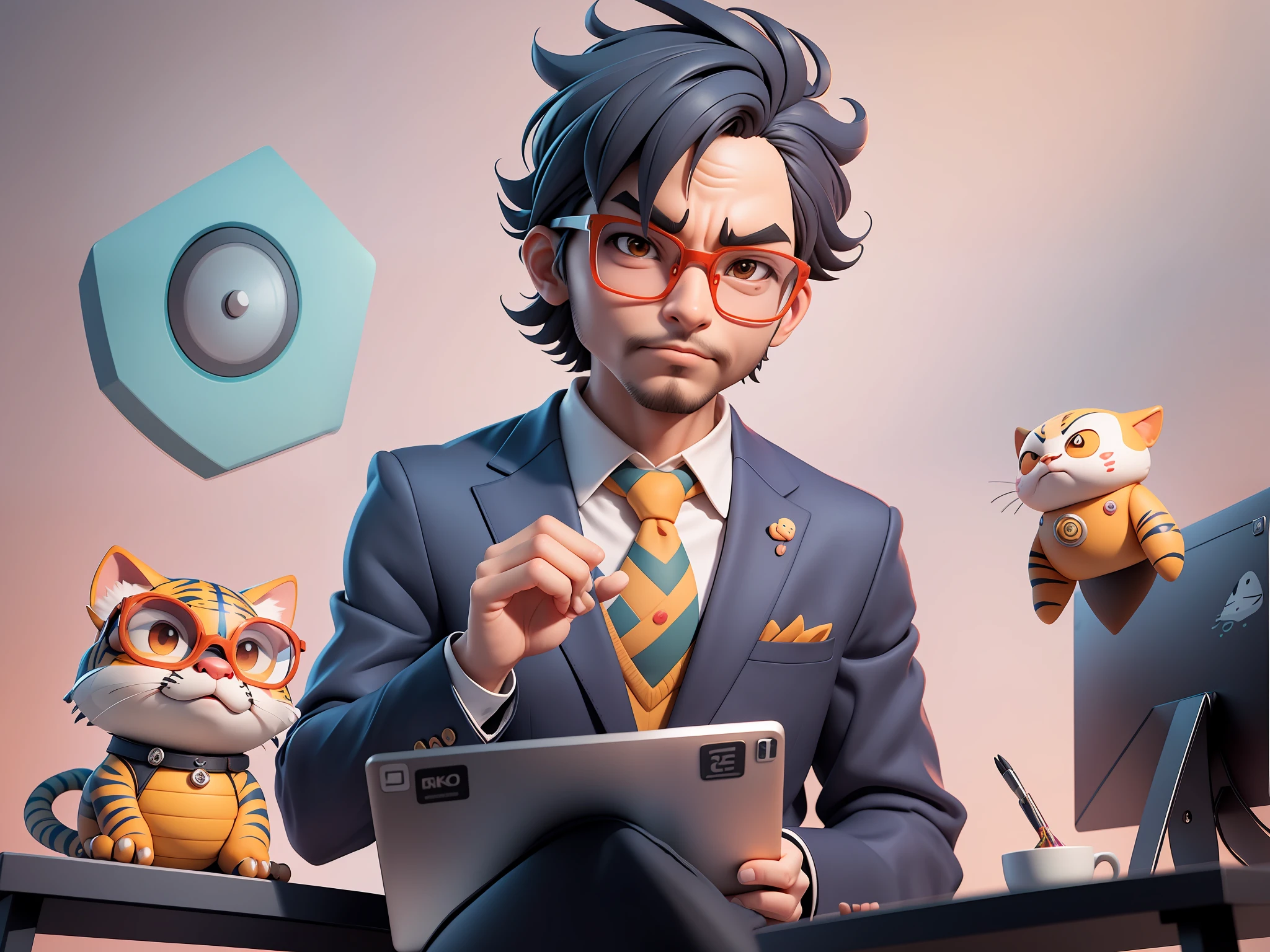 A young man in a suit, Short hair and glasses sat at his desk,holding laptop,digitial painting,tigre,3D character design by Mark Clairen and Pixar and Hayao Miyazaki and Akira Toriyama,4K HD illustration,Very detailed facial features and cartoon-style visuals。
