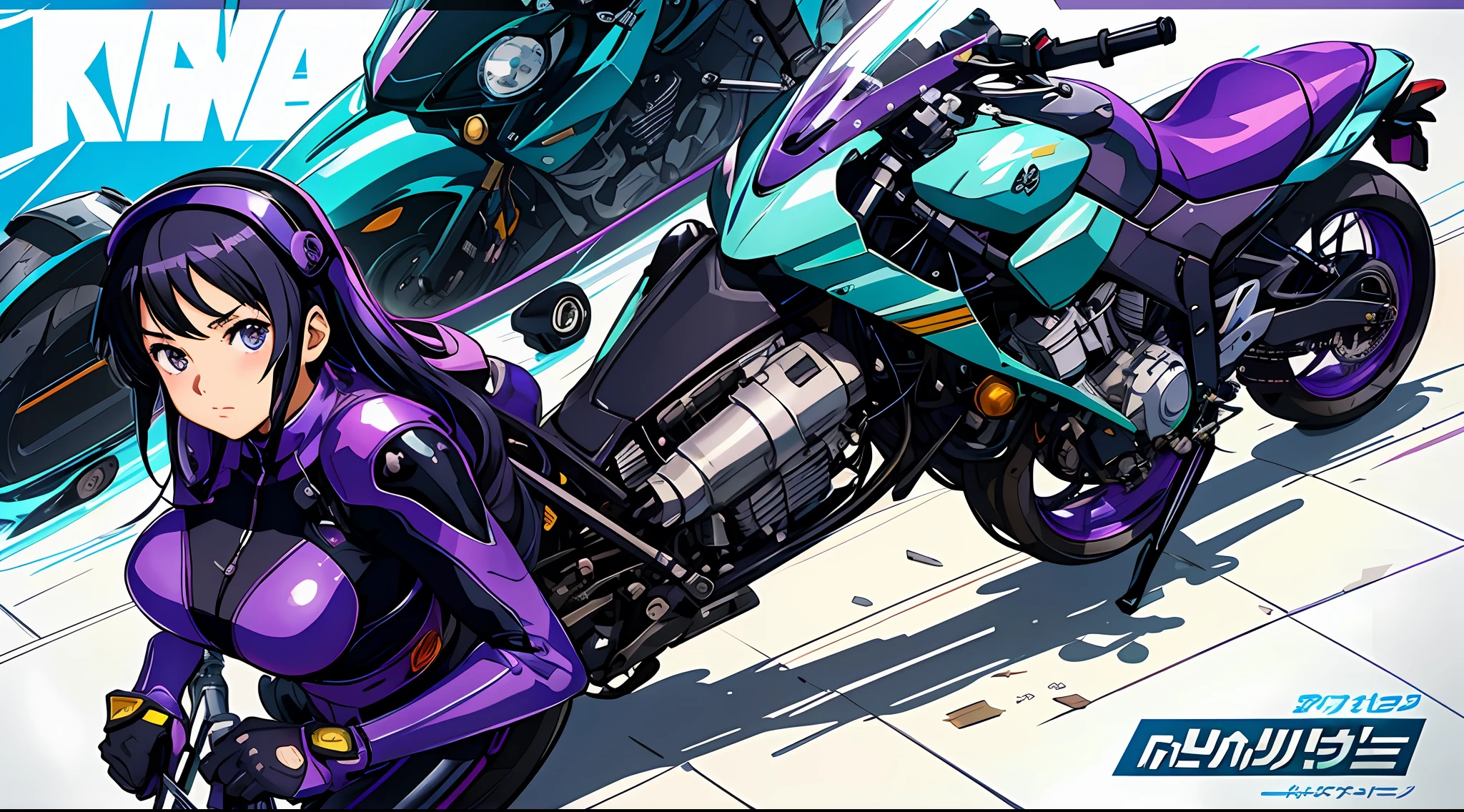 Anime girl wearing helmet on purple riding motorcycle, kate bishop, Range Murata and Artgerm, Misato Katsuragi, Marin Kitagawa fanart, an oppai cyberpunk, riding a motorcycle, nico robin, motorcycle concept art, no more heroes concept art, anime moe art style, Badass anime 8 K, Style Artgerm, yasumoto oka