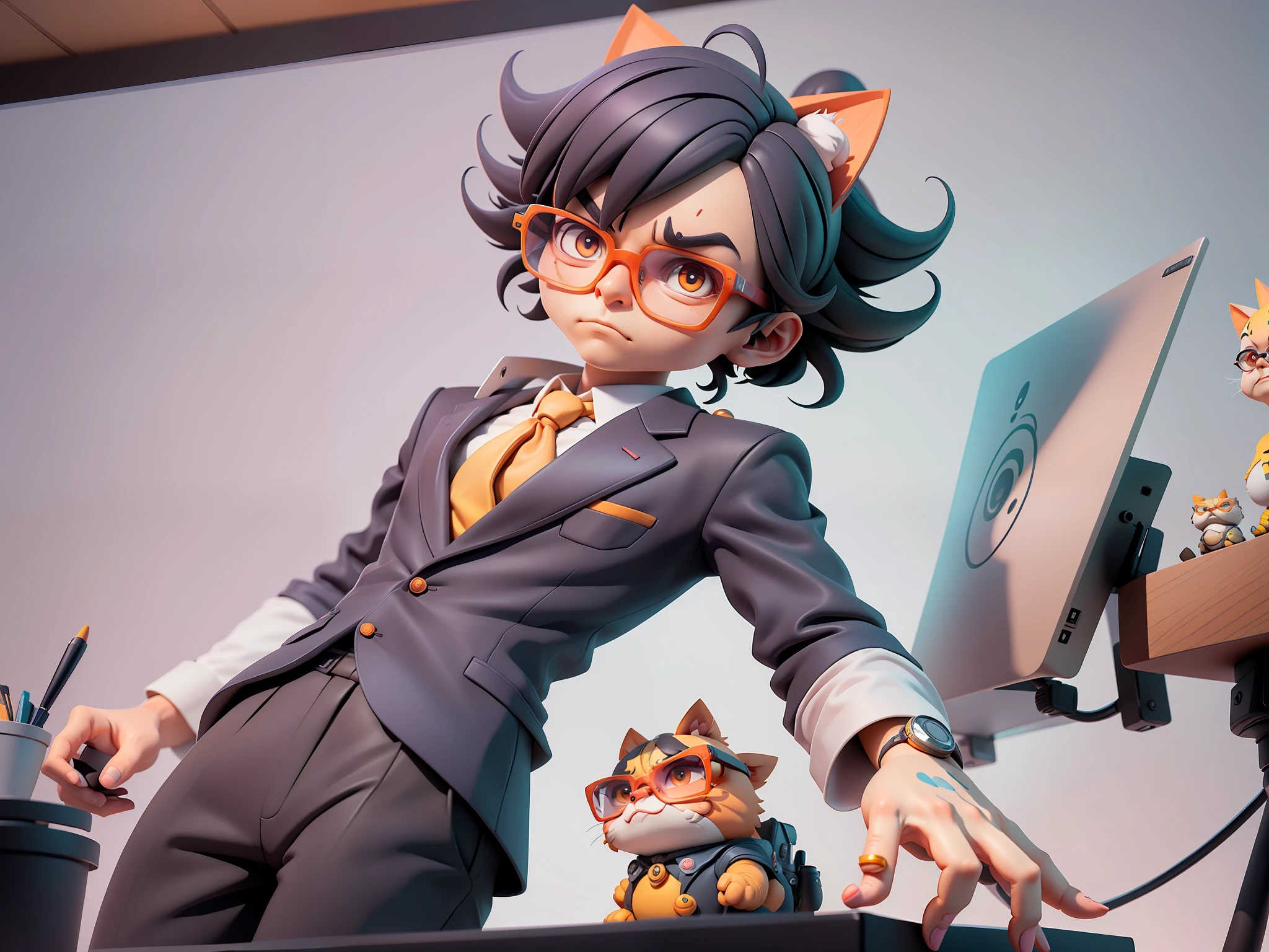 A young man in a suit, Short hair and glasses sat at his desk，holding laptop，digitial painting，tigre，3D character design by Mark Clairen and Pixar and Hayao Miyazaki and Akira Toriyama，4K HD illustration，Very detailed facial features and cartoon-style visuals。