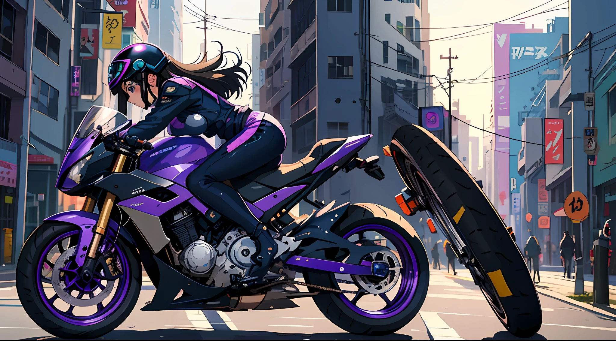 Anime girl wearing helmet on purple riding motorcycle, kate bishop, Range Murata and Artgerm, Misato Katsuragi, Marin Kitagawa fanart, an oppai cyberpunk, riding a motorcycle, nico robin, motorcycle concept art, no more heroes concept art, anime moe art style, Badass anime 8 K, Style Artgerm, yasumoto oka