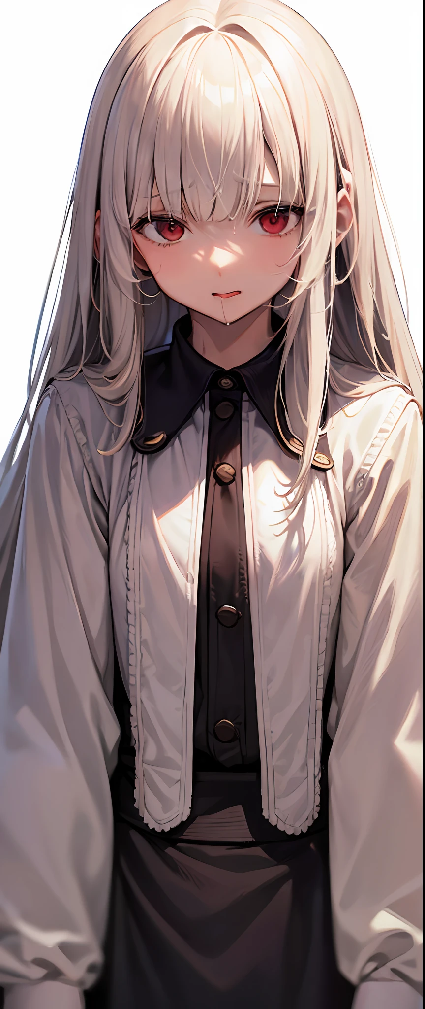 best quality,masterpiece,white background,upper body,Fair skin,blunt bangs,gladient hair,loosen clothing around the neck,look down on,extremely long hair,spreading hair,ivory hair,loafers,wet,,young,girl,drooling face,open one's mouth,looks away,stick out tongue